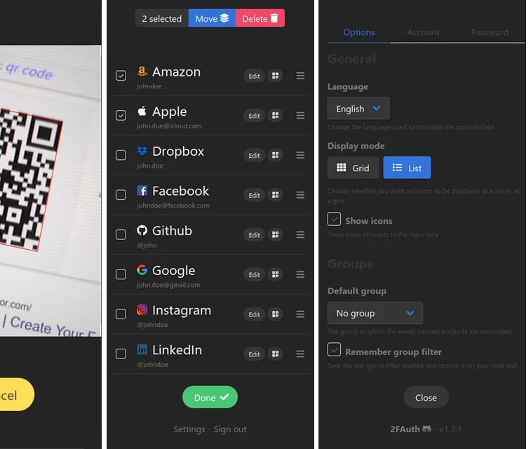 Scan a QR code to add an account, then manage and organize your list