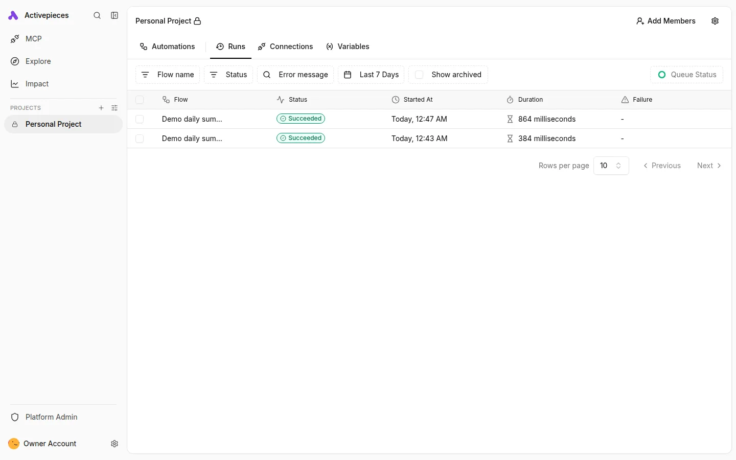 Review successful workflow runs and execution times.
