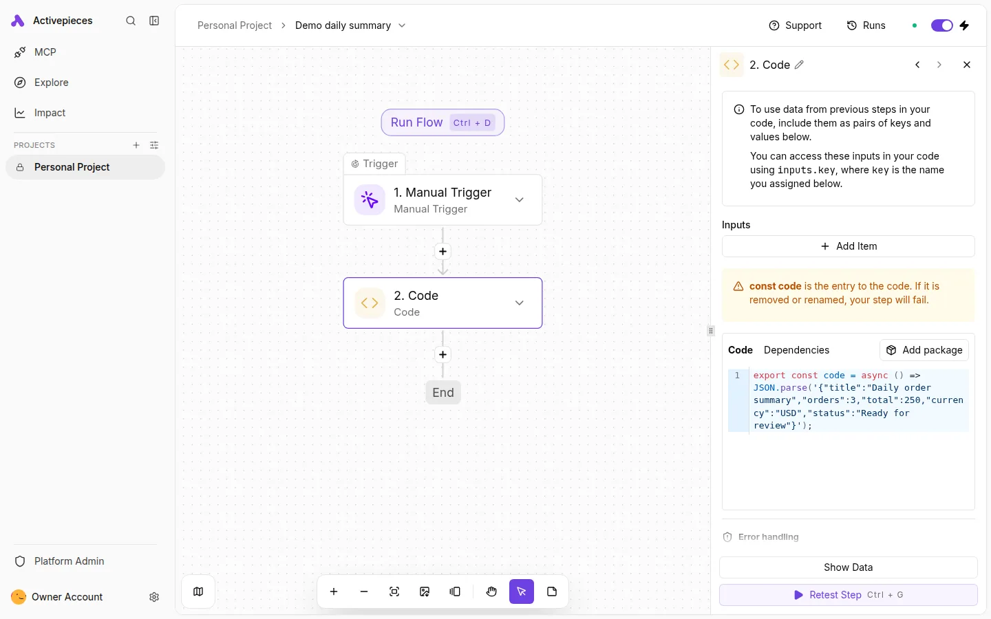 Build a workflow with a manual trigger and a code step.