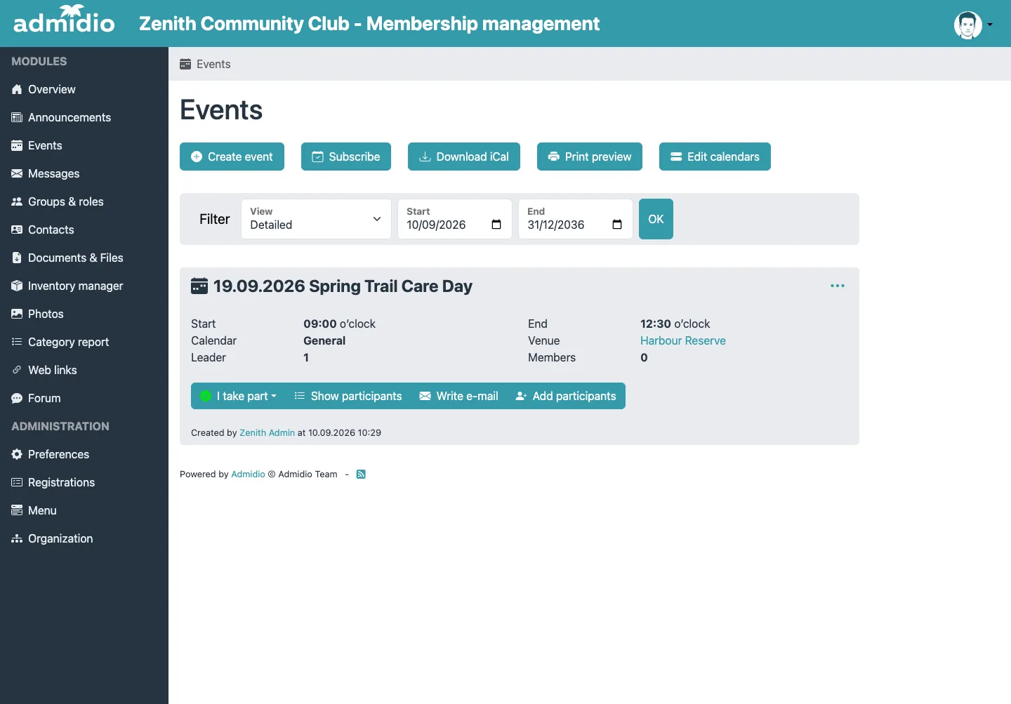 Publish a dated club event with a venue, times, and member registration.