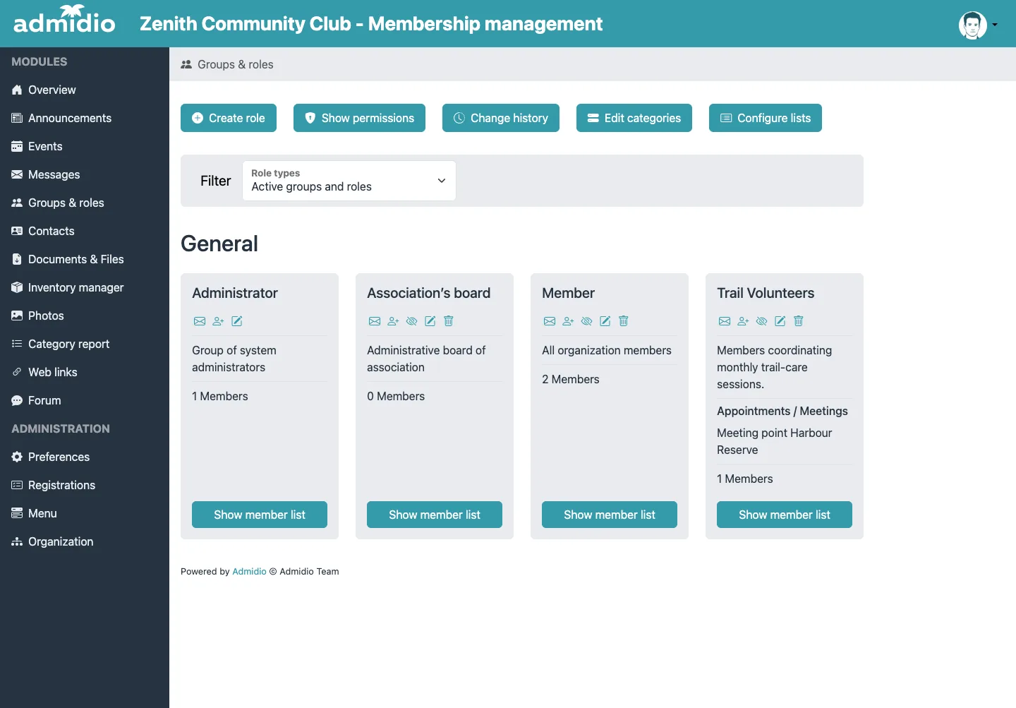 Manage member groups and roles with meeting details and assigned member counts.