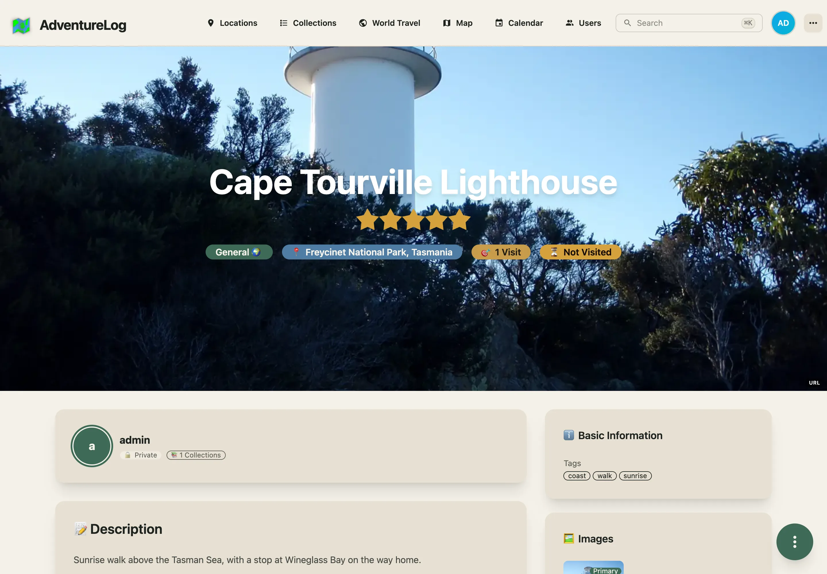 A saved travel location with notes and a photograph by VirtualSteve, CC BY-SA 3.0.
