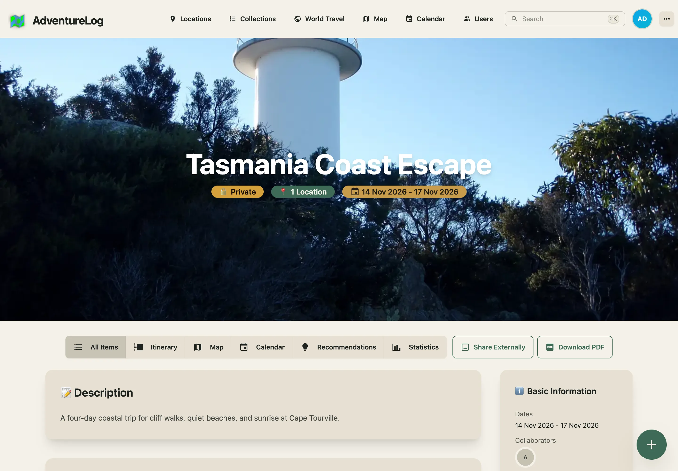 Review a dated trip with its saved places and travel notes.