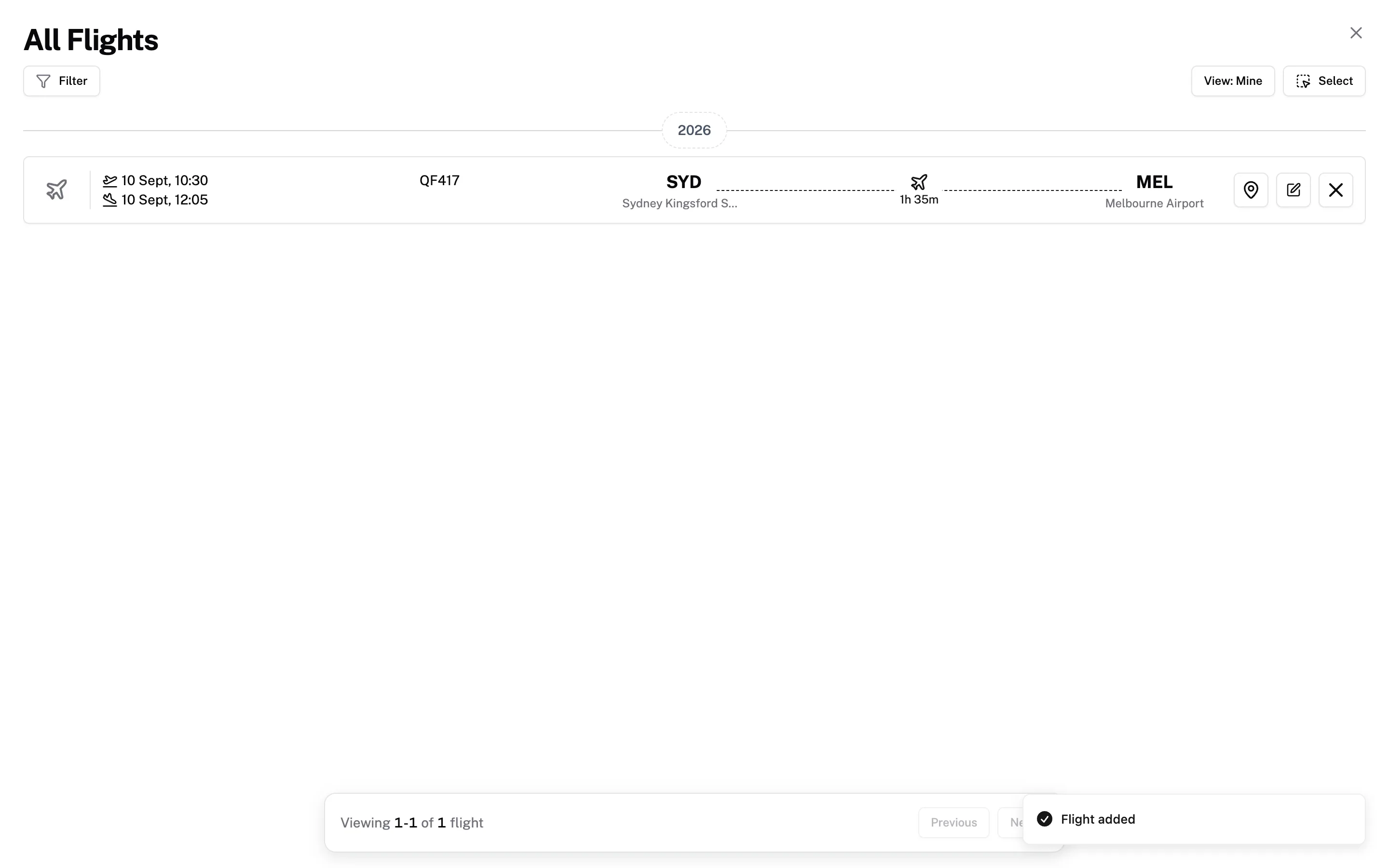 Personal flight history with routes, dates, airlines, and aircraft