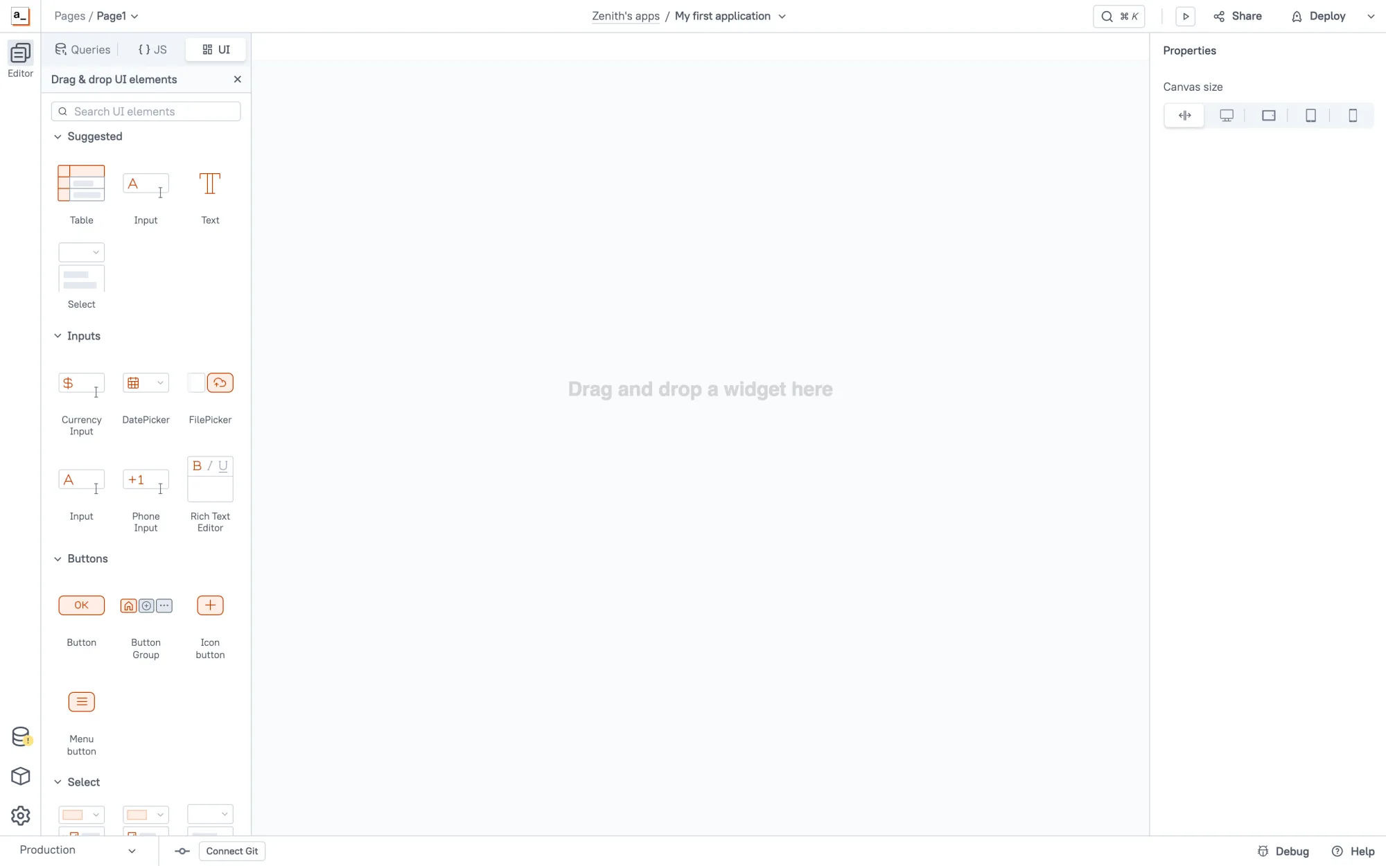 Drag-and-drop app builder: lay out tables, forms, and buttons, then bind them to your data