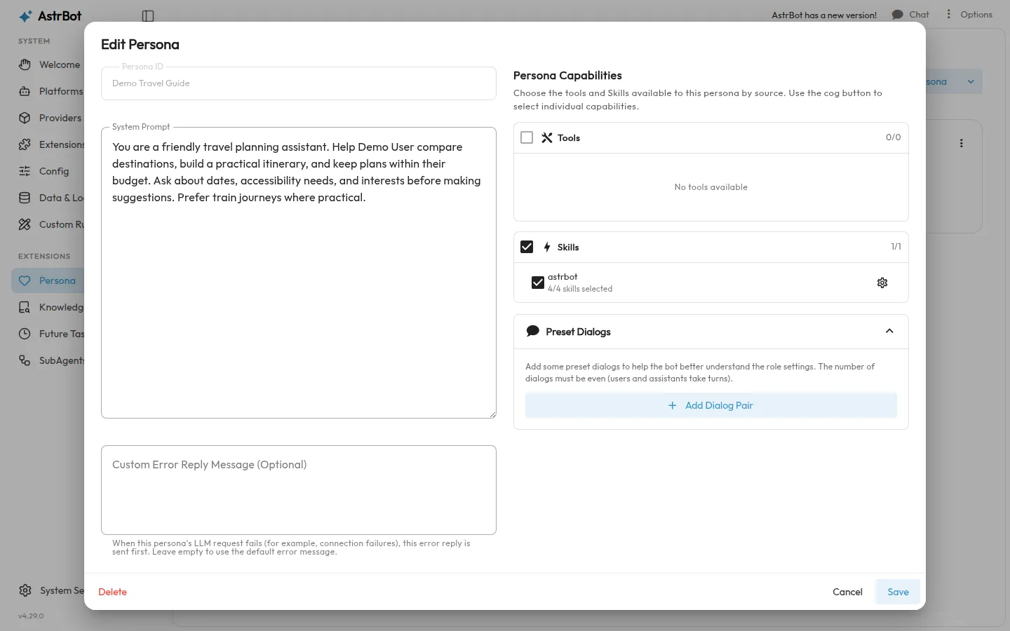 Set the instructions and conversation style for a persona.