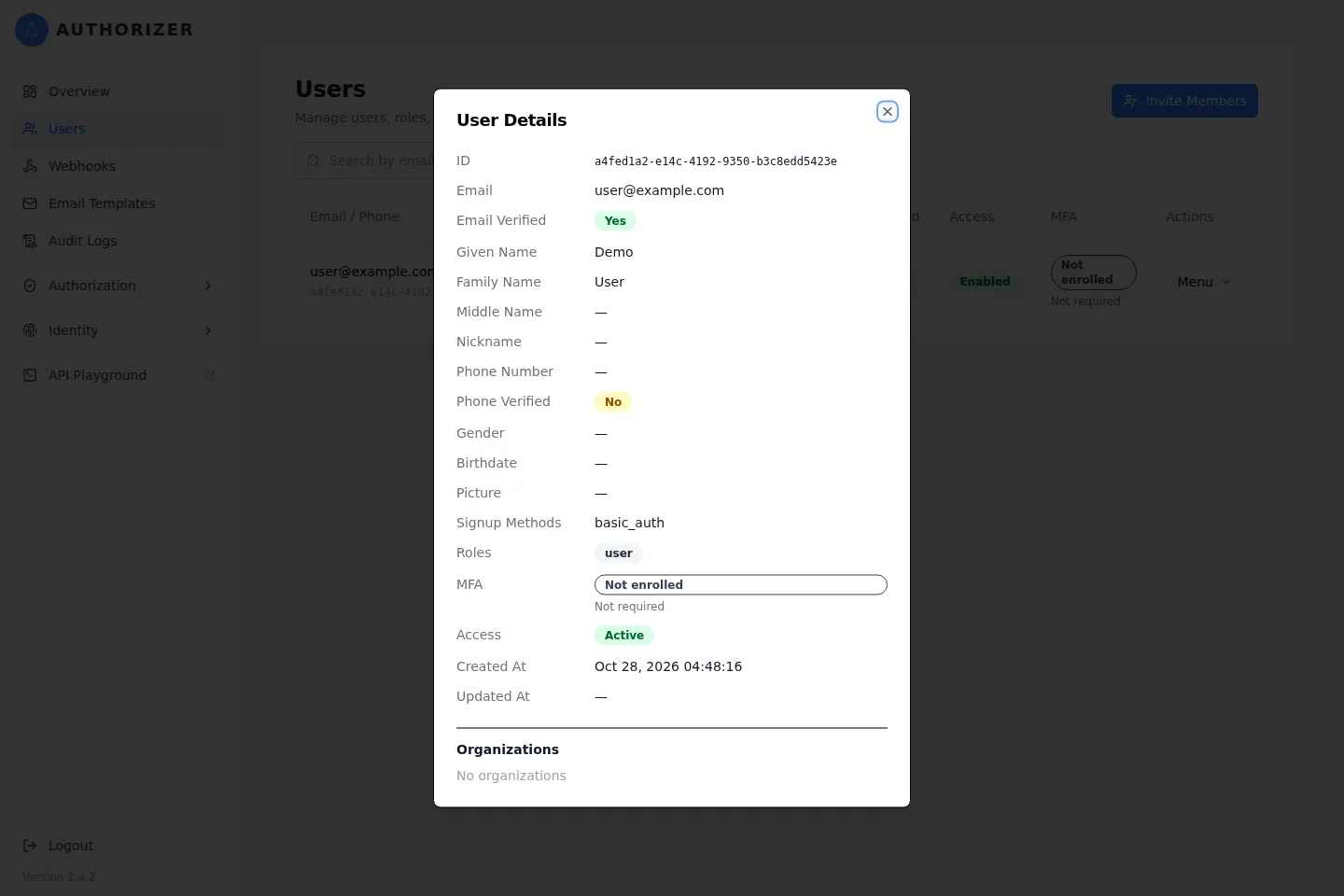 Inspect the profile and access details of a demo user.
