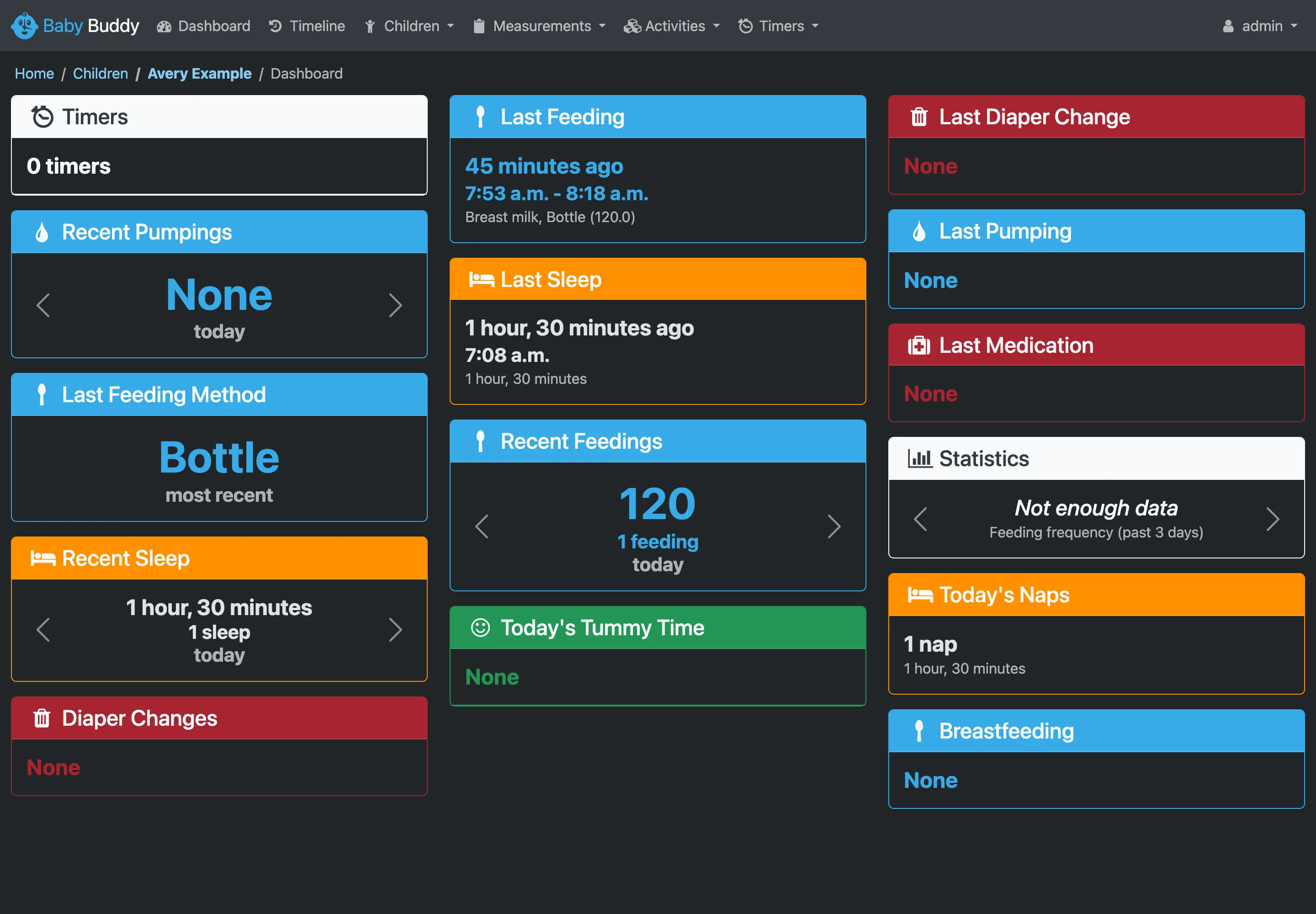 Care dashboard with recent feeding, sleep, diaper, and routine entries