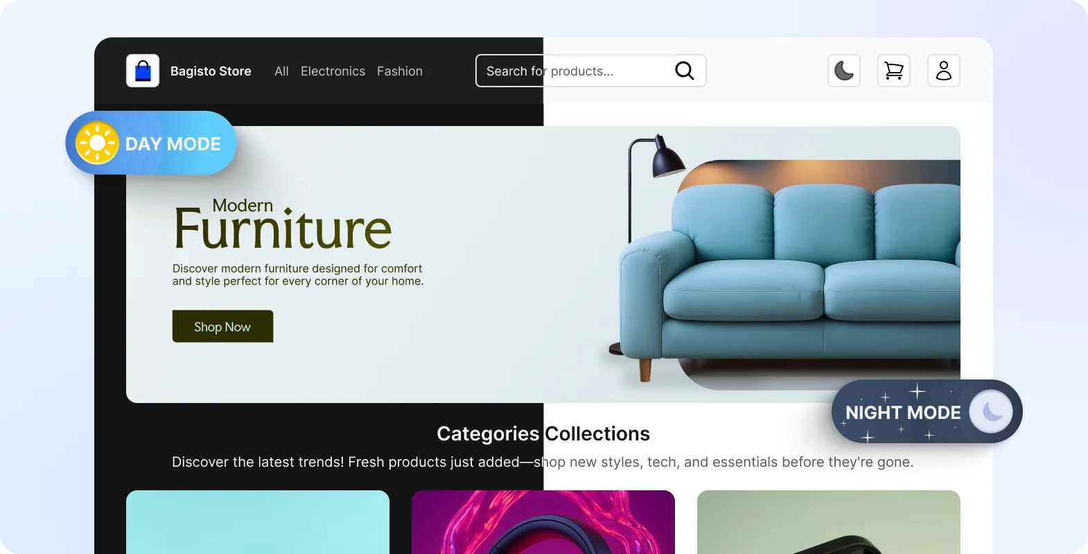 Storefront home: product carousels, categories, and featured collections your customers browse and buy from