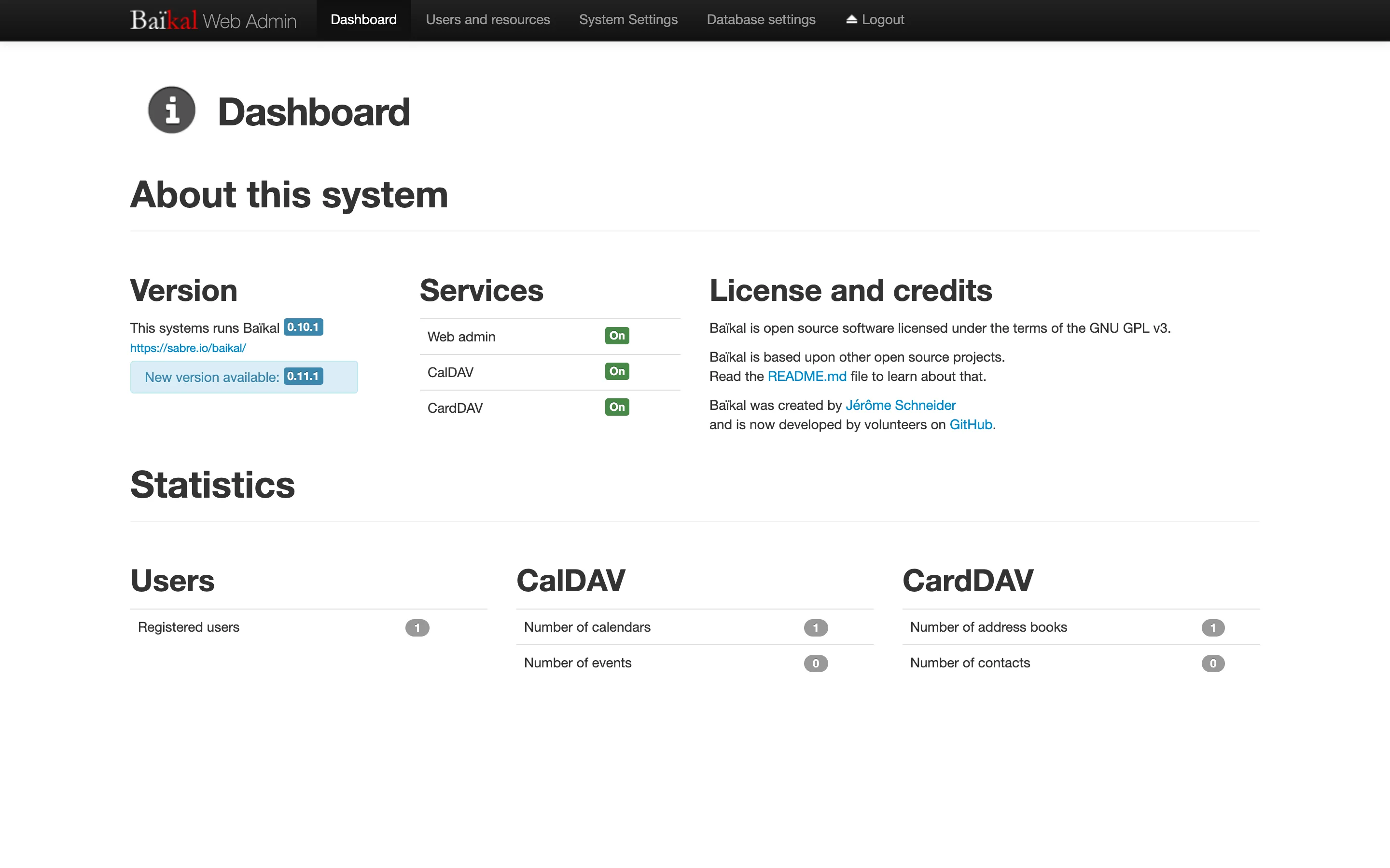 Manage users, address books and calendars from the admin dashboard