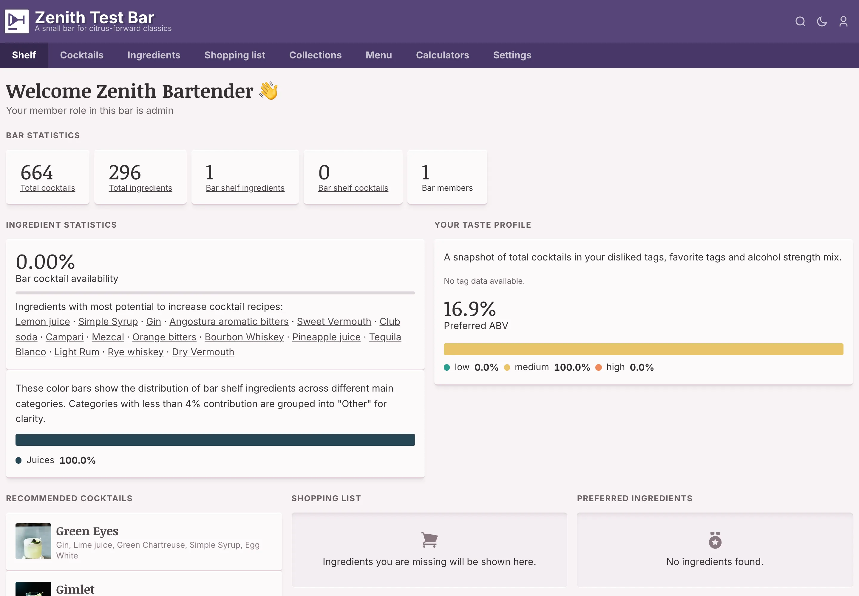 The home-bar shelf dashboard with inventory statistics and matching cocktail recommendations.