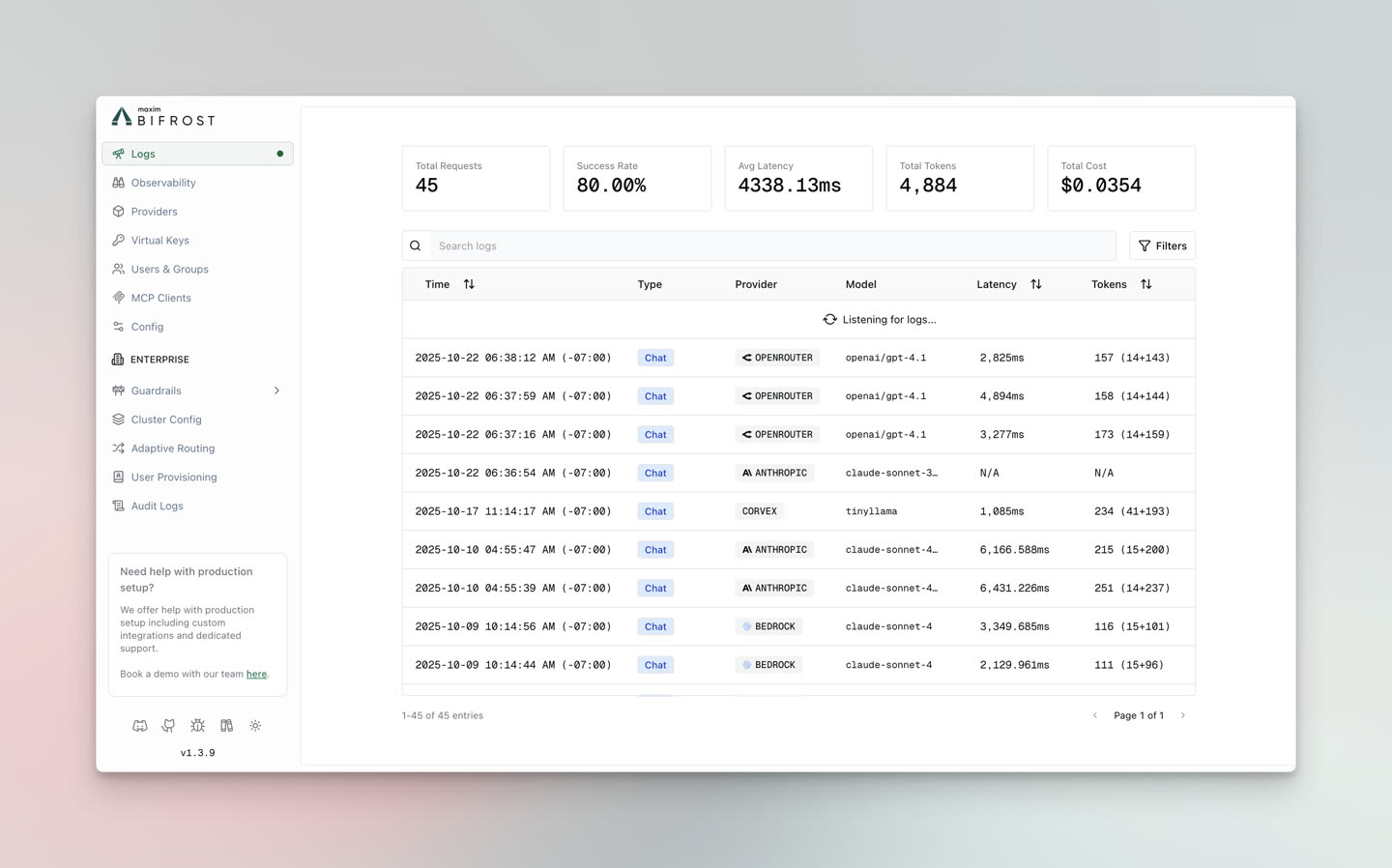 Web console: monitor requests, latency and spend across providers