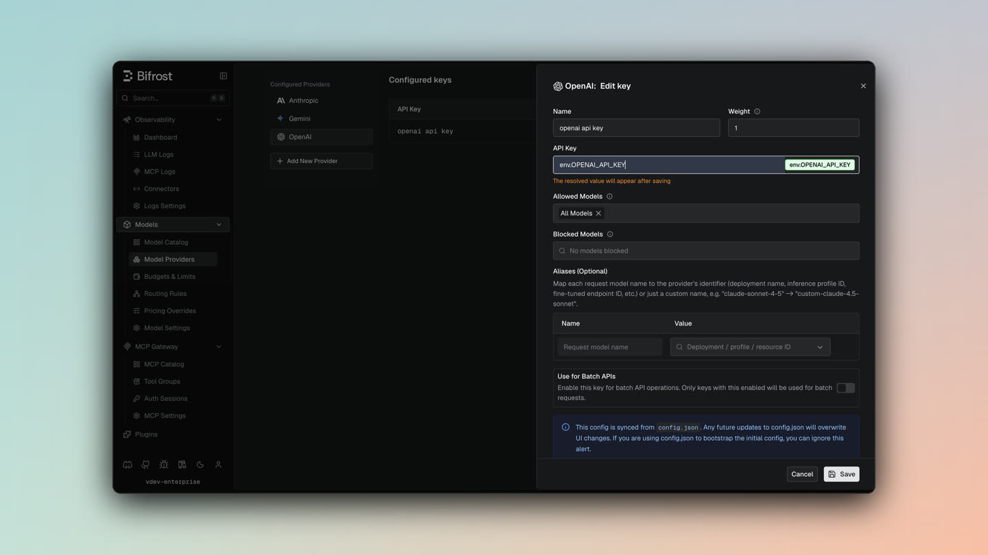 Add and configure LLM providers with API keys and routing rules