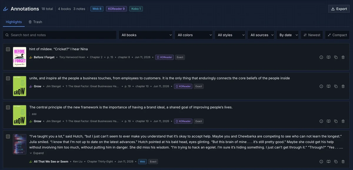 A unified highlights hub: annotations from the web reader, KOReader and Kobo, searchable and exportable