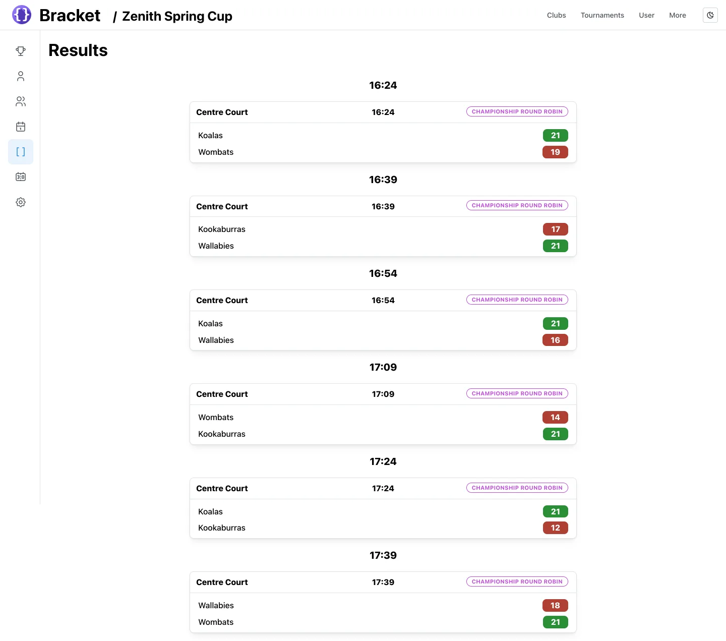Build tournament stages and follow scheduled matches and scores