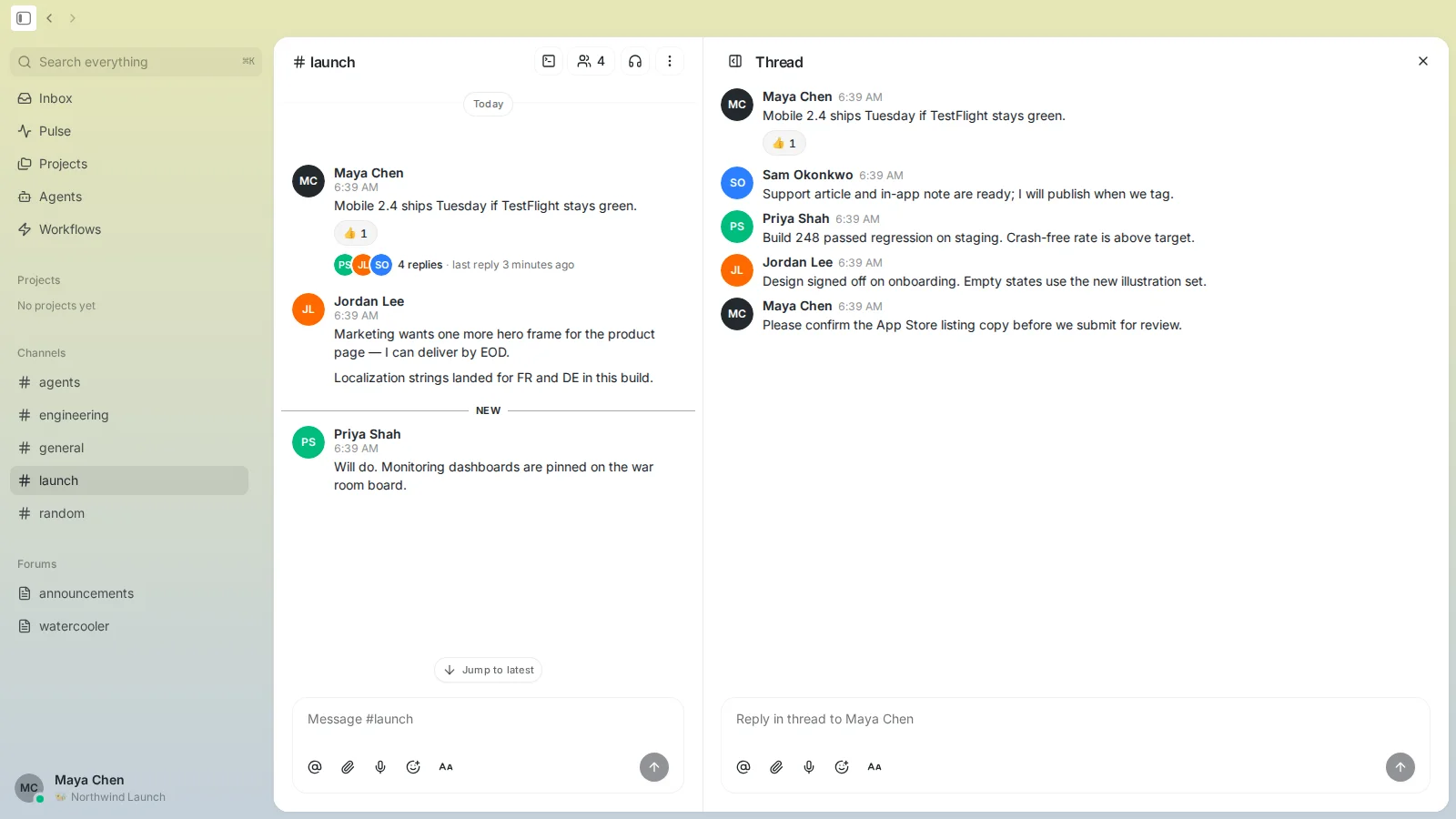 Thread replies beside the channel during a mobile ship