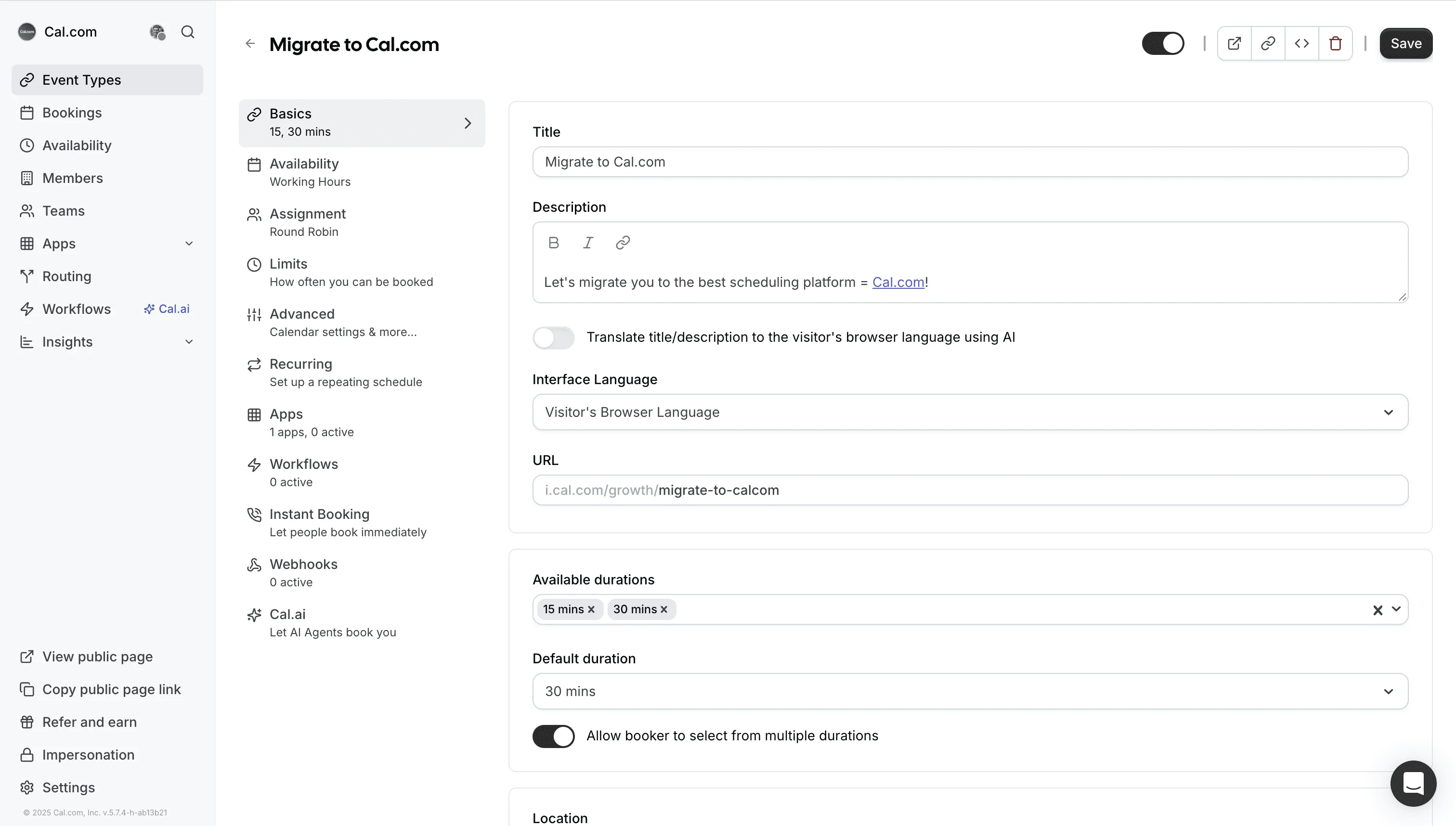 Event type editor: basics, duration, and URL settings