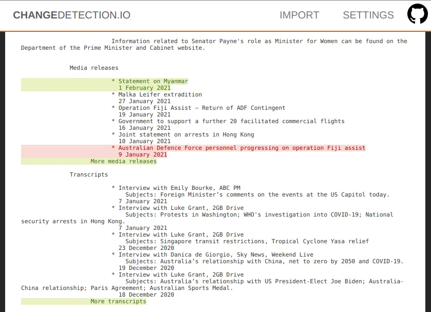Visual diff: exactly what changed on the page, highlighted between snapshots