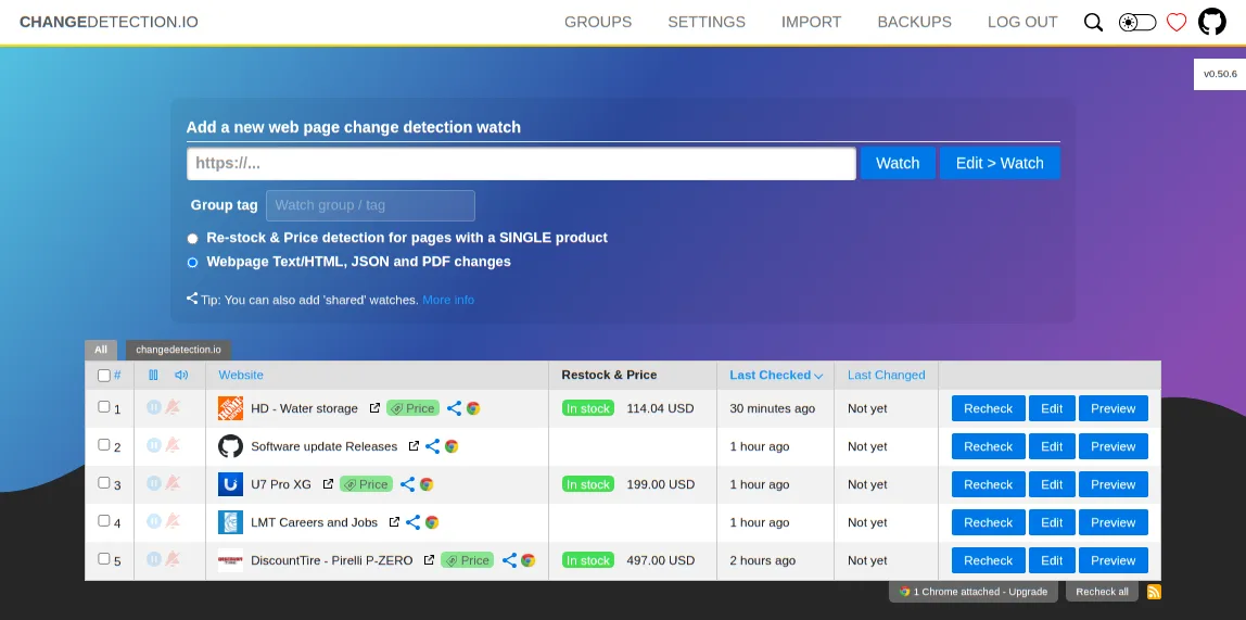 Watch list: every page you monitor, with change status and last-checked time at a glance