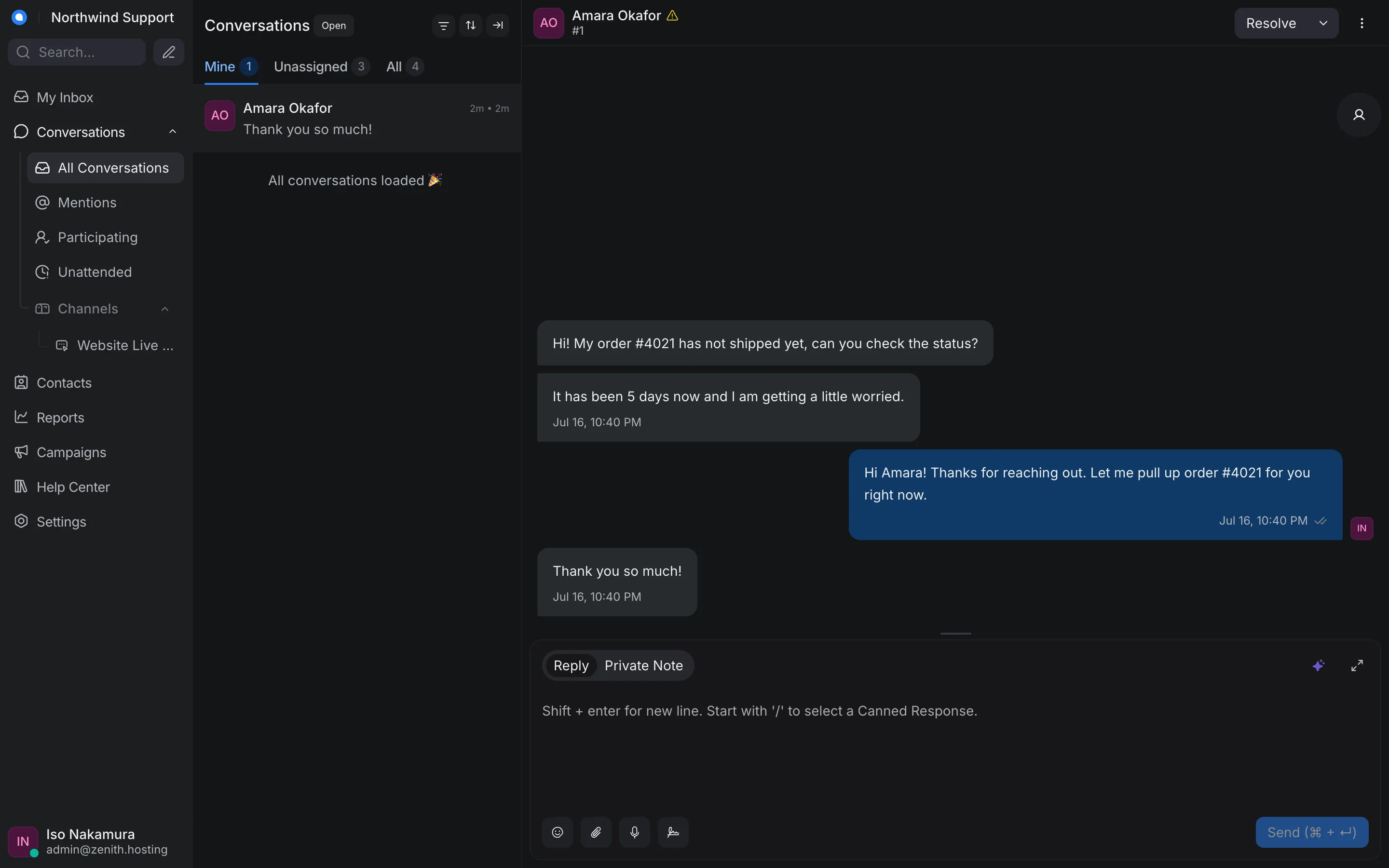 A live customer conversation in the shared inbox — the customer's messages, your agent's reply, and canned responses