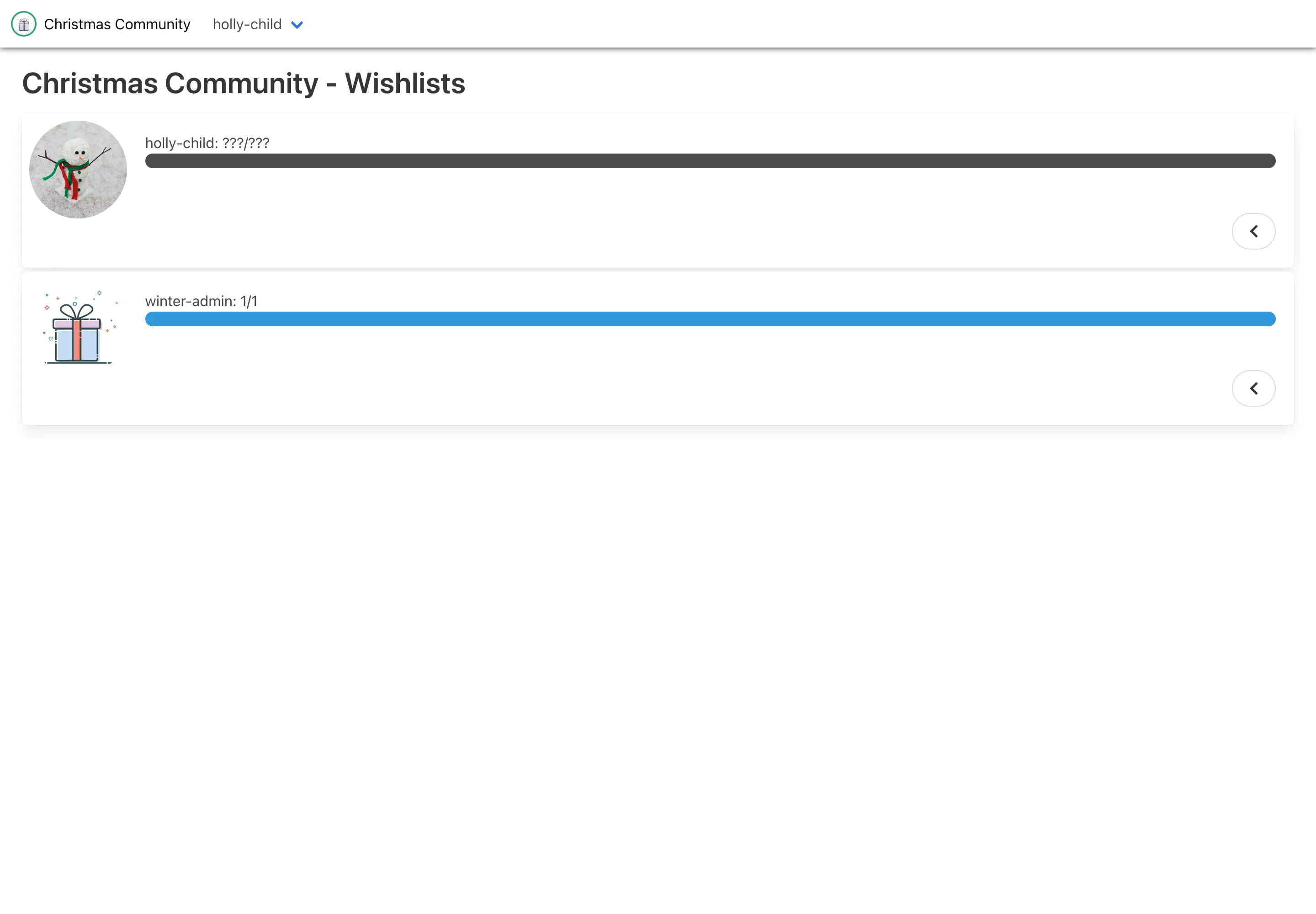 Community overview showing each family member's wishlist