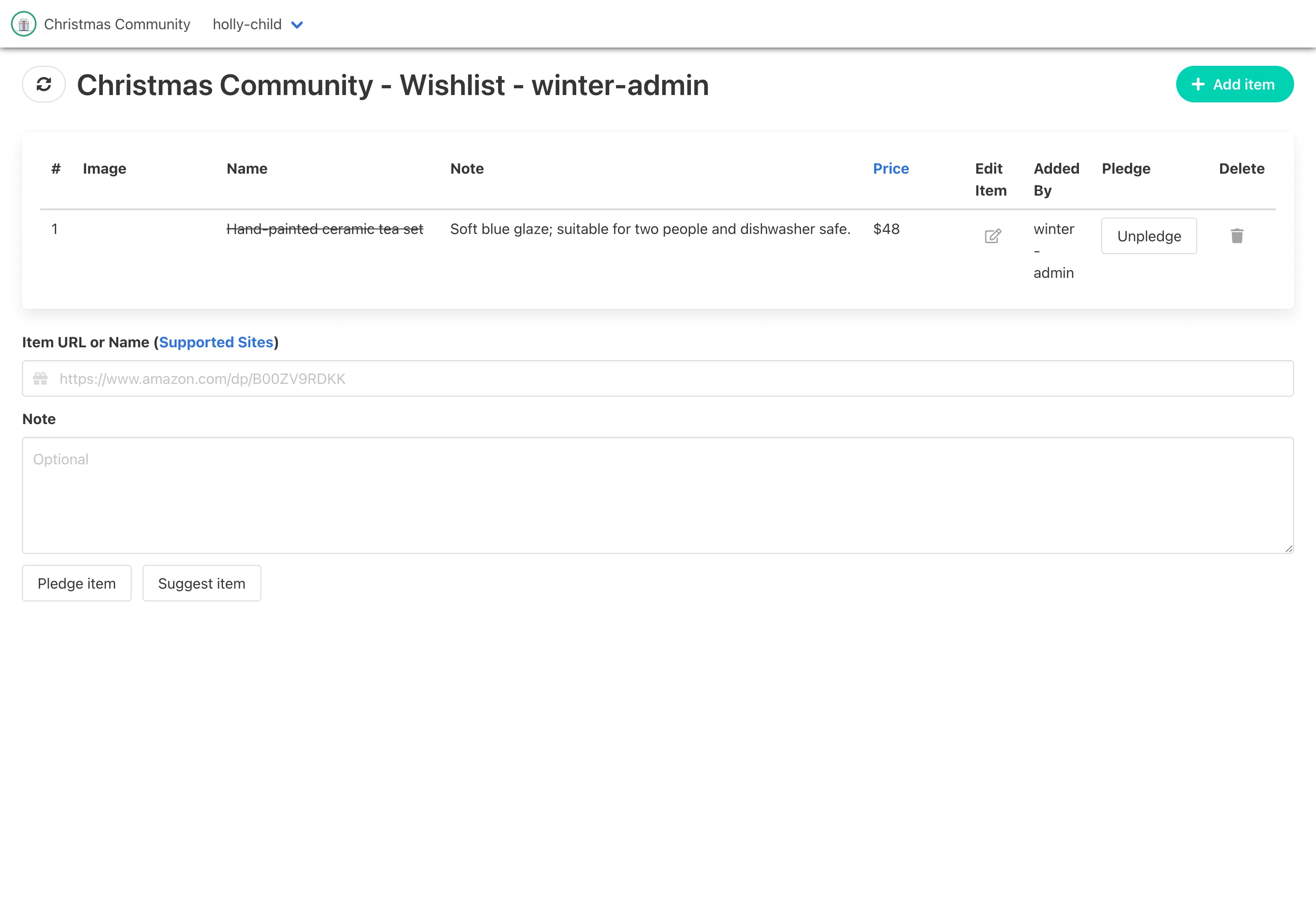A family wishlist with gift ideas, notes, and private pledge controls