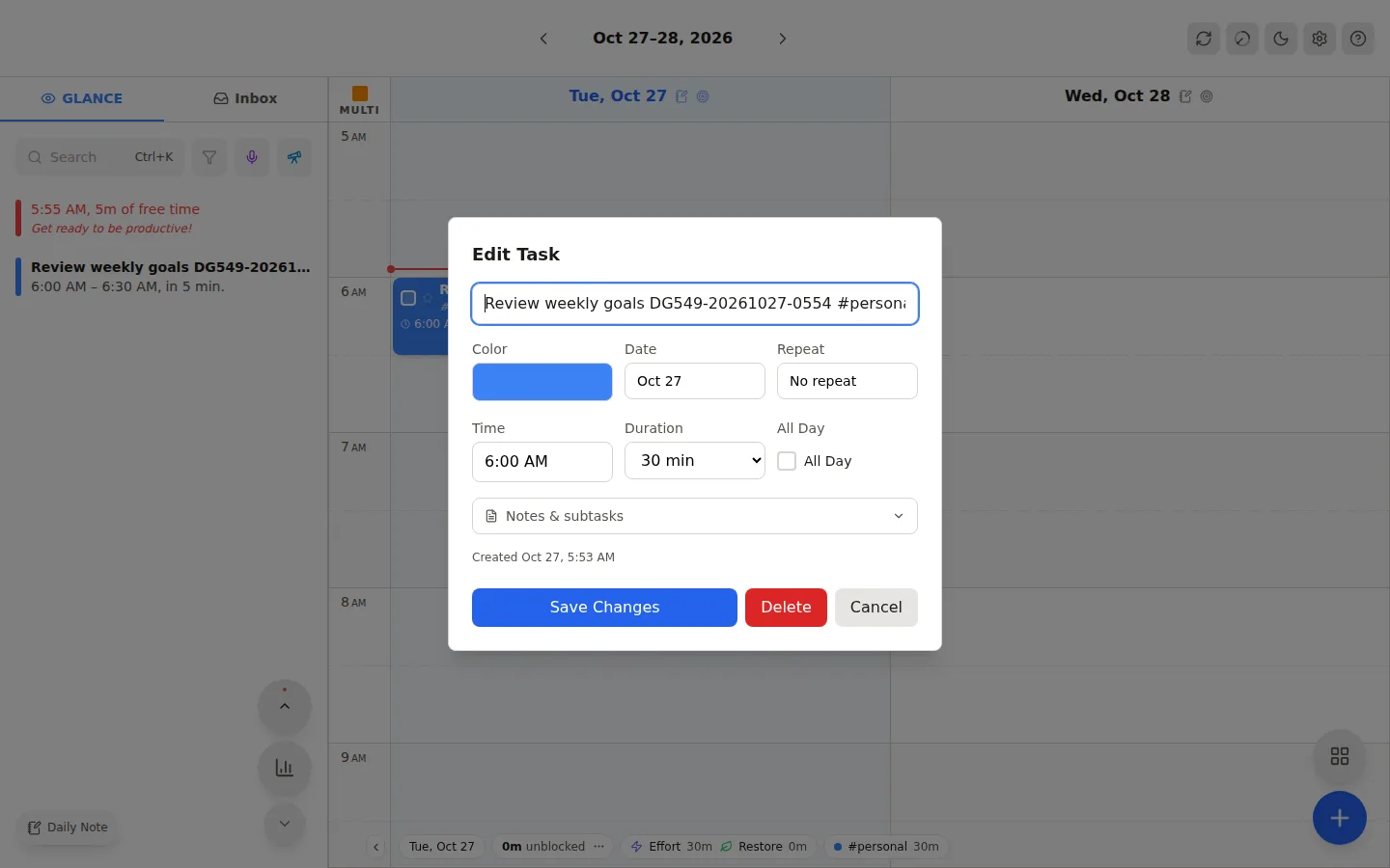 Edit a task's title, tag, time, and duration.