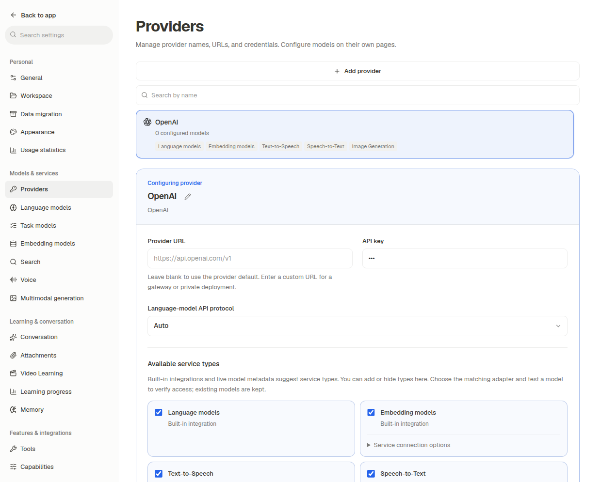 Settings: add your own AI provider, address and key