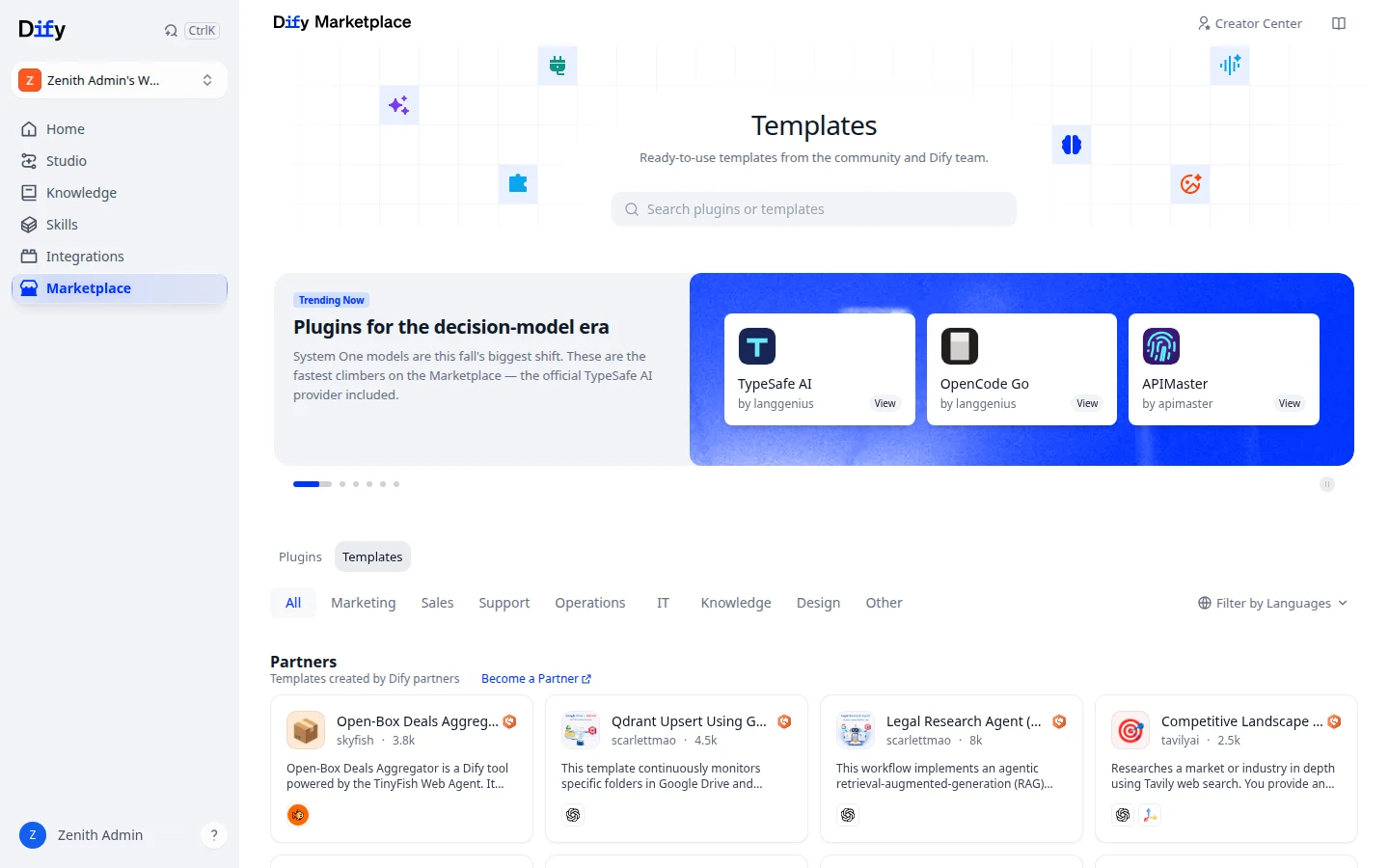 Marketplace templates and community workflows to install into your workspace