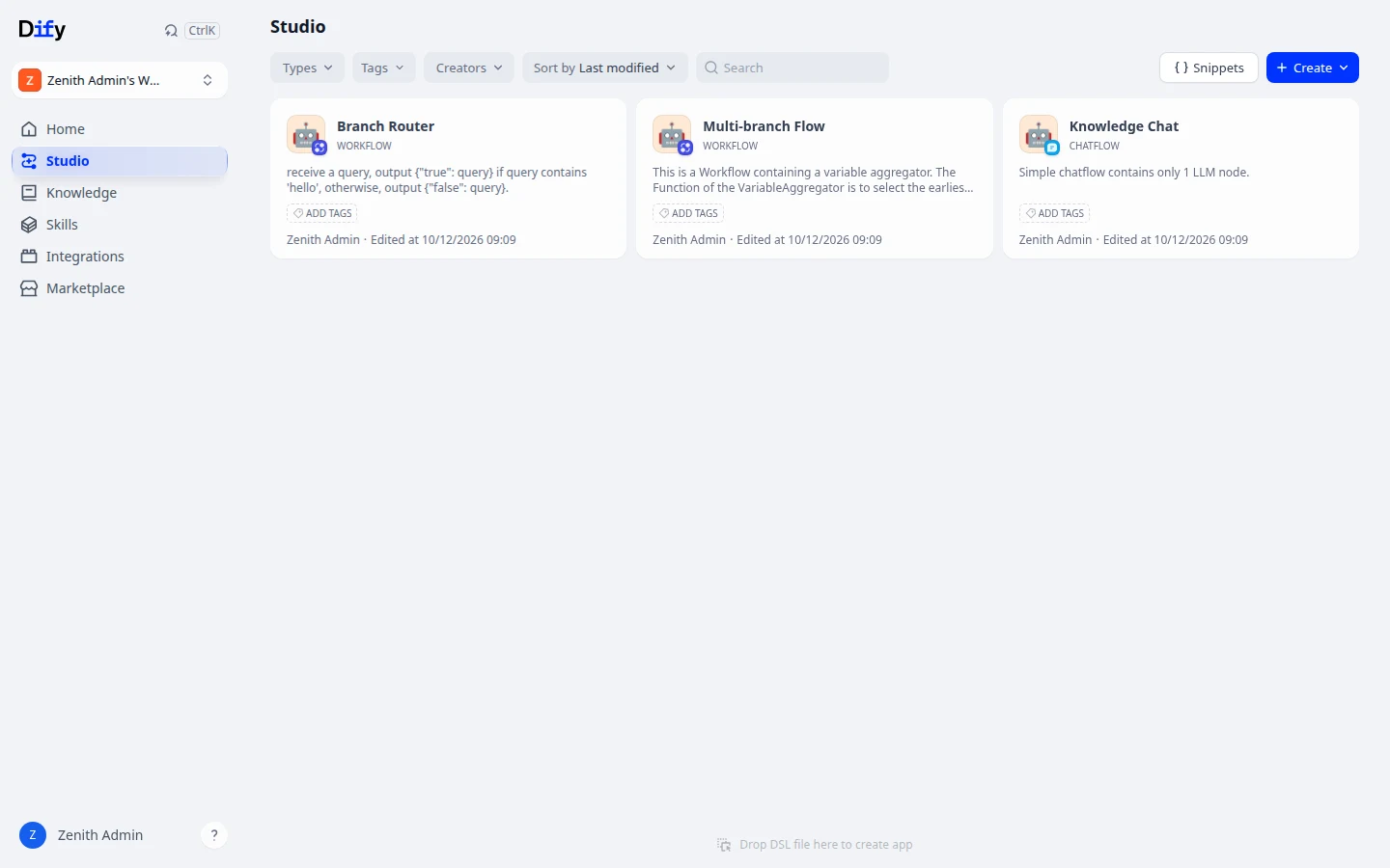Studio view listing apps and knowledge bases in your workspace
