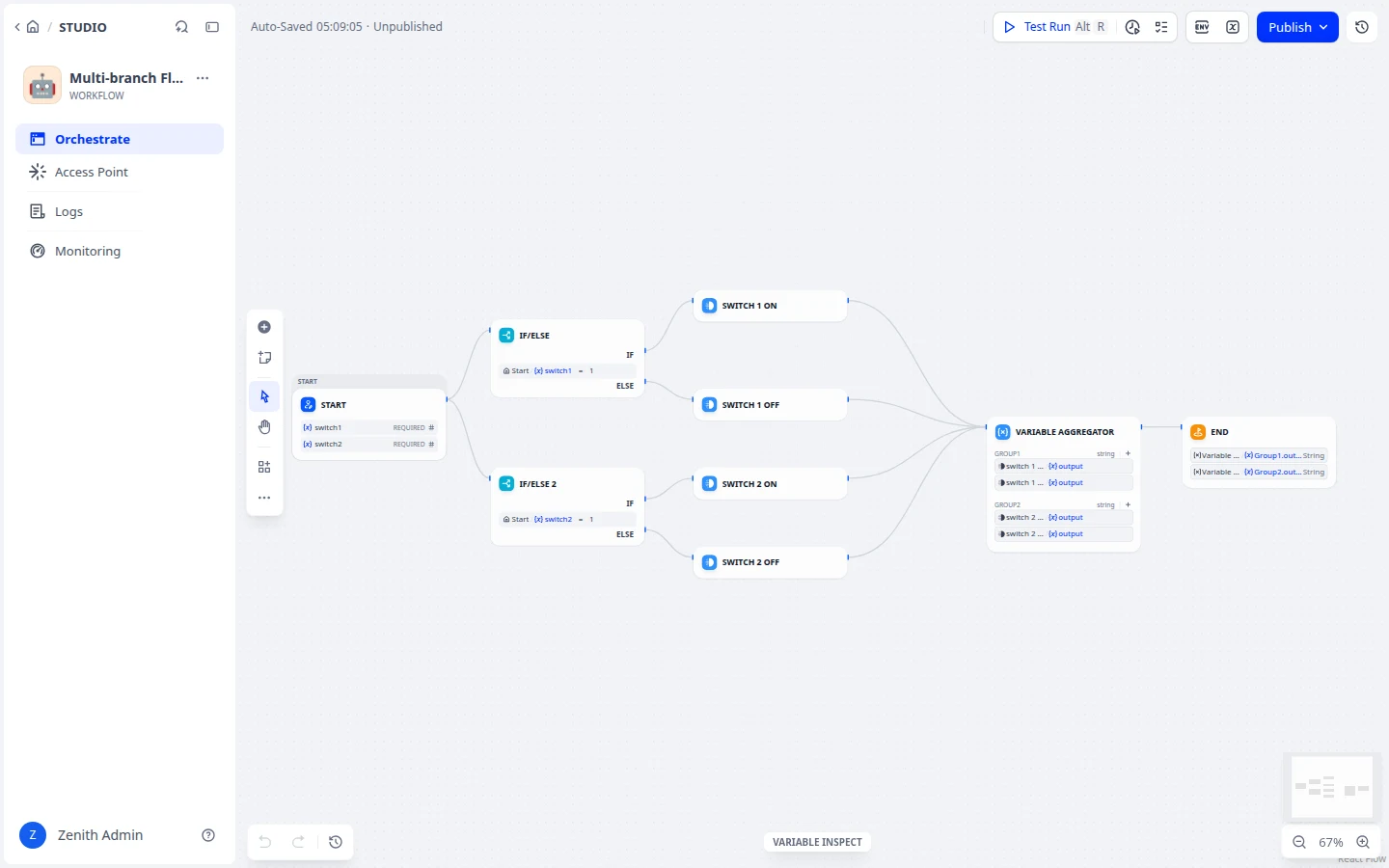 Visual workflow canvas with connected nodes for LLM apps and automations