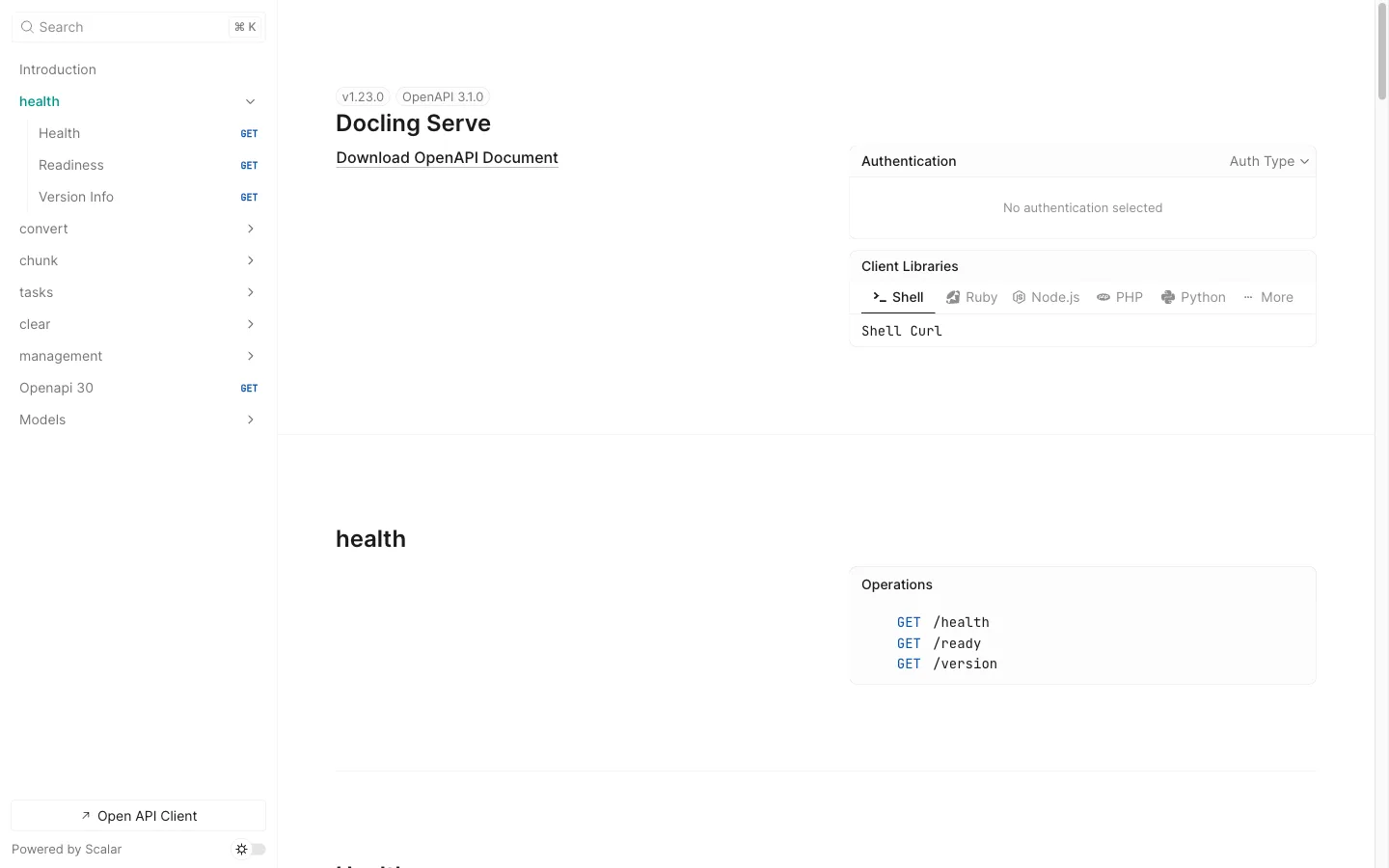 Interactive API console: explore and call the document conversion endpoints