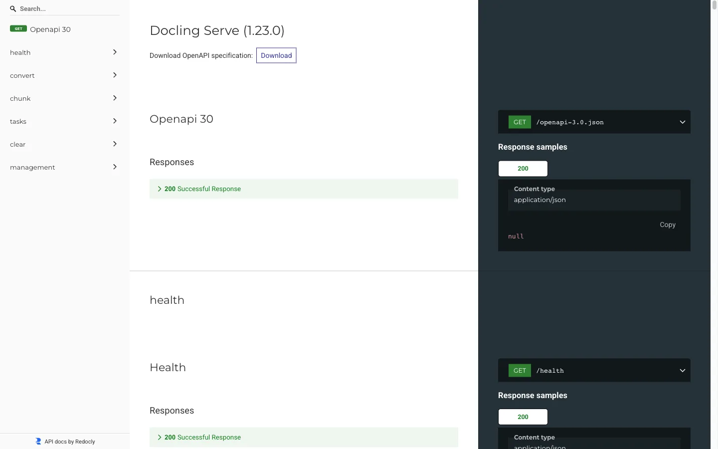 Reference for the convert, chunk and task endpoints with example responses