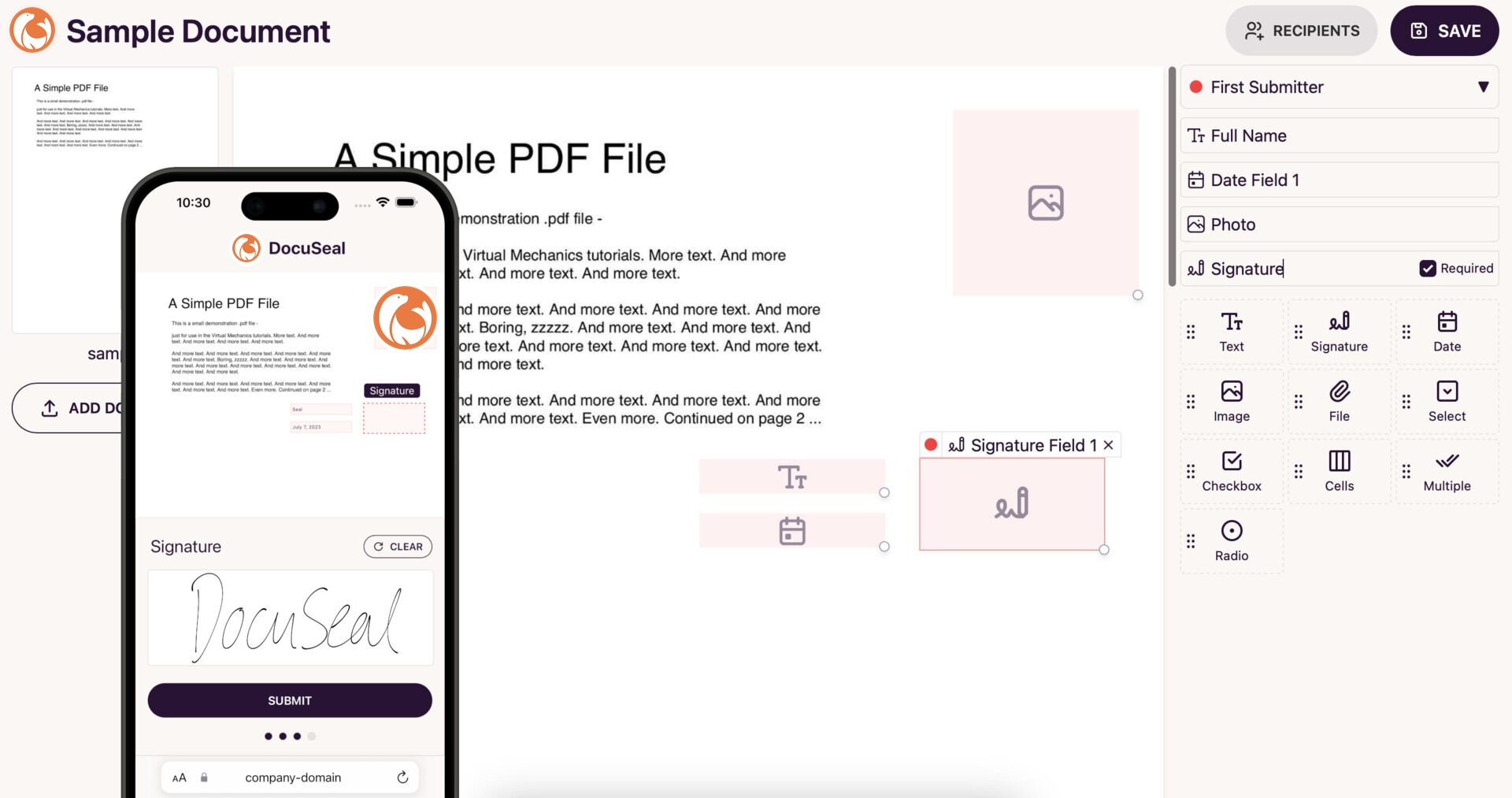 Drag-and-drop document and form builder with 13 field types