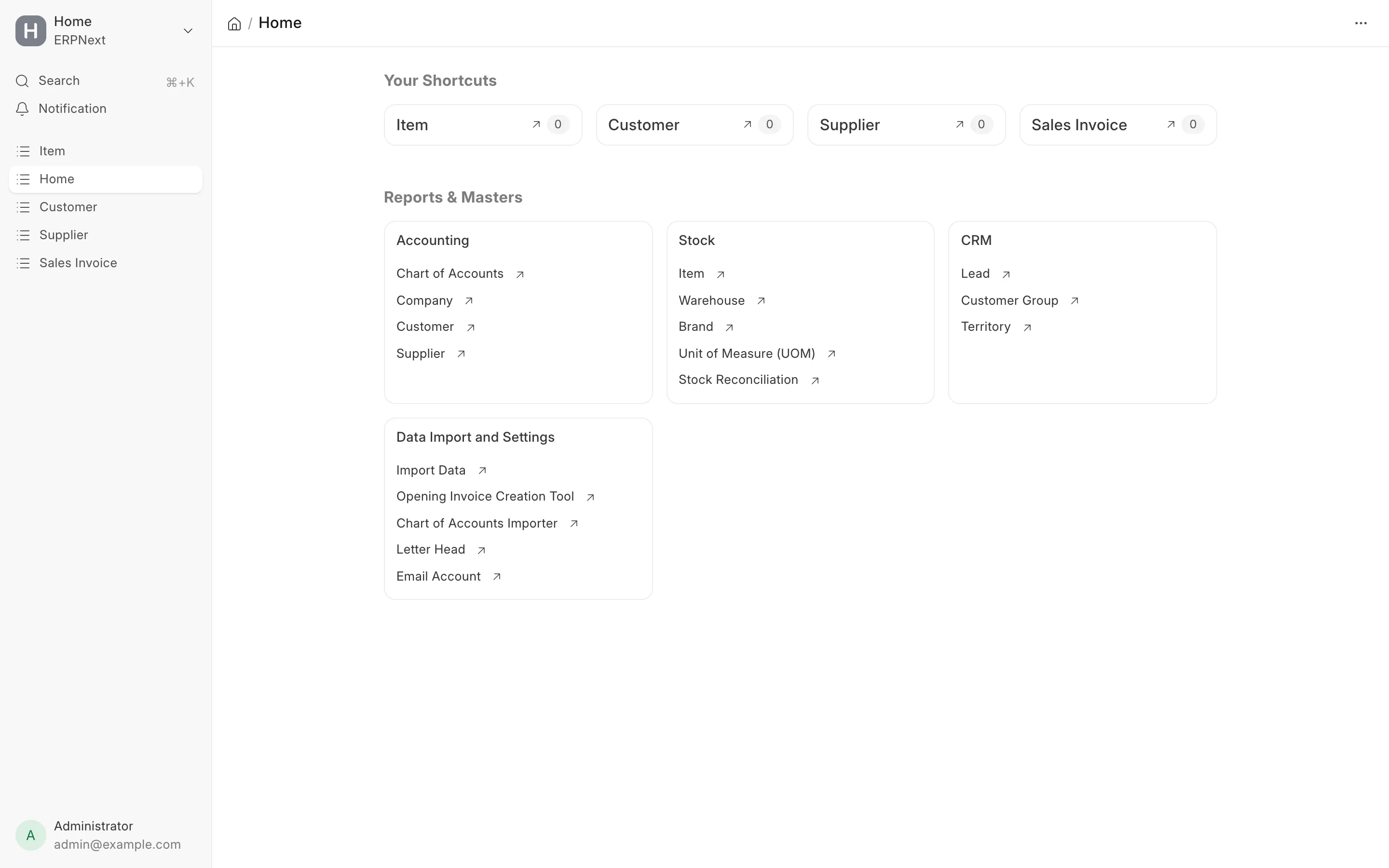 The ERPNext desk: Accounting, Selling, Buying, Stock, Manufacturing, Projects and HR in one workspace