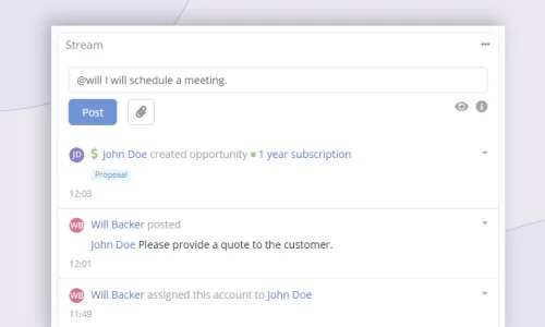 Activity stream with team updates, notes, and record history