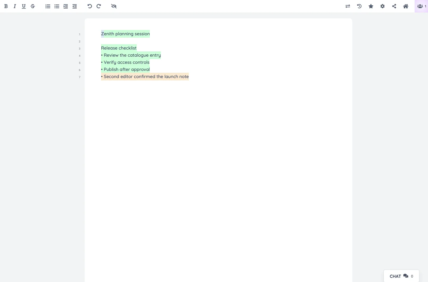 Write together in a live pad with visible authorship, chat, and formatting tools