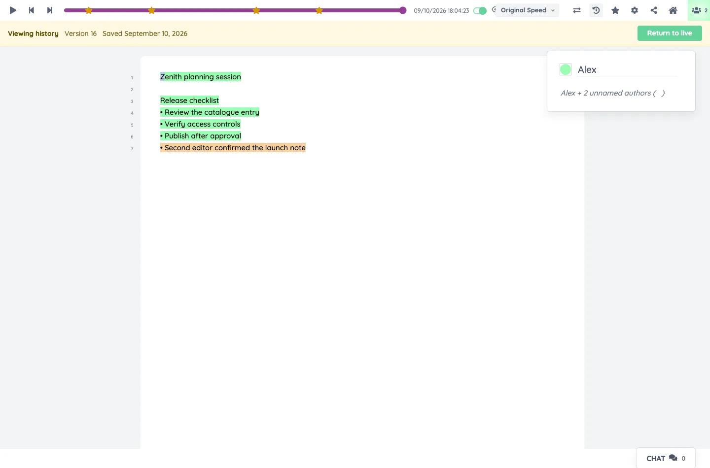 Review the complete document history and move through earlier revisions