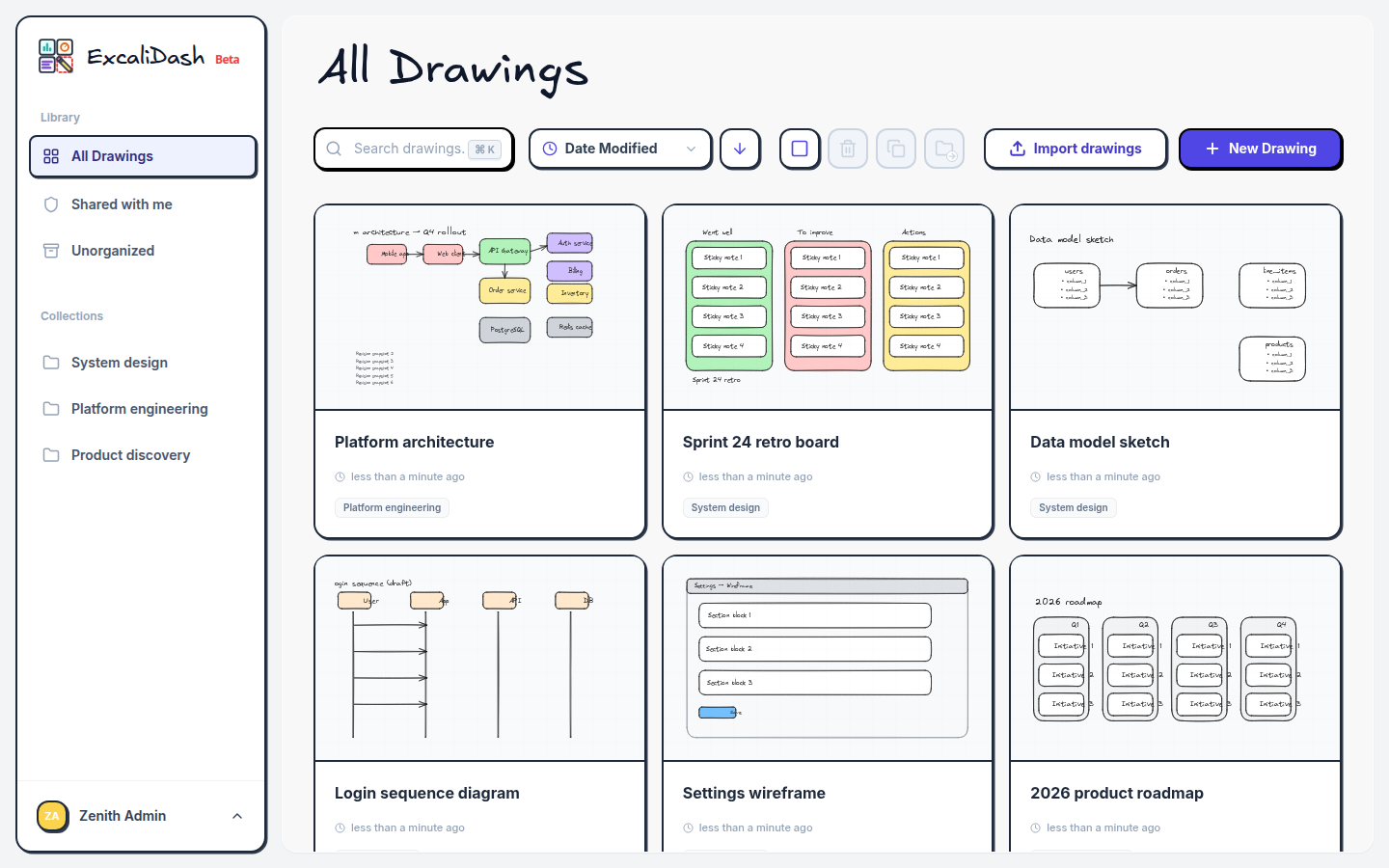 Workspace dashboard with collections and saved drawings