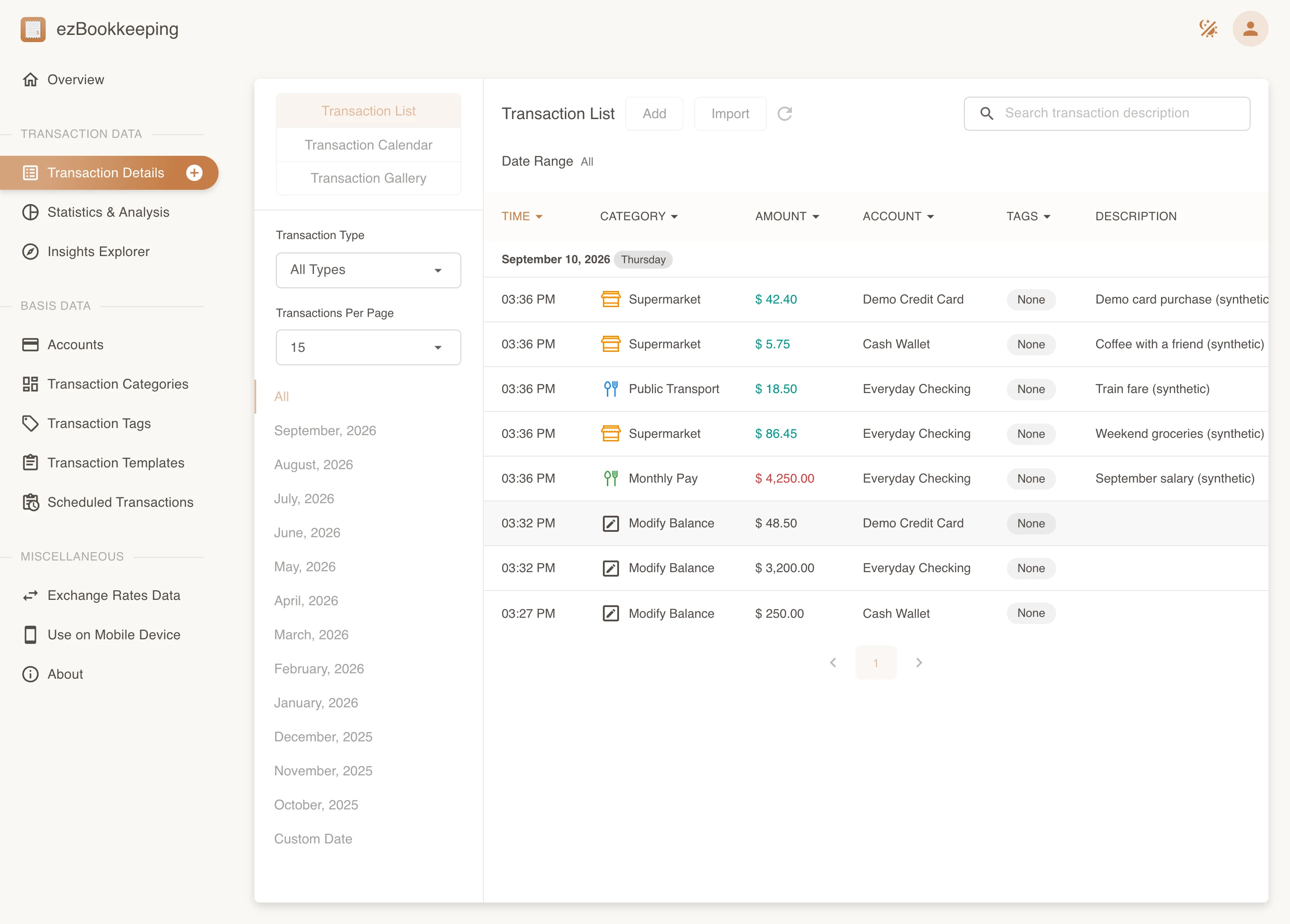 Review income and expenses across personal accounts and categories.