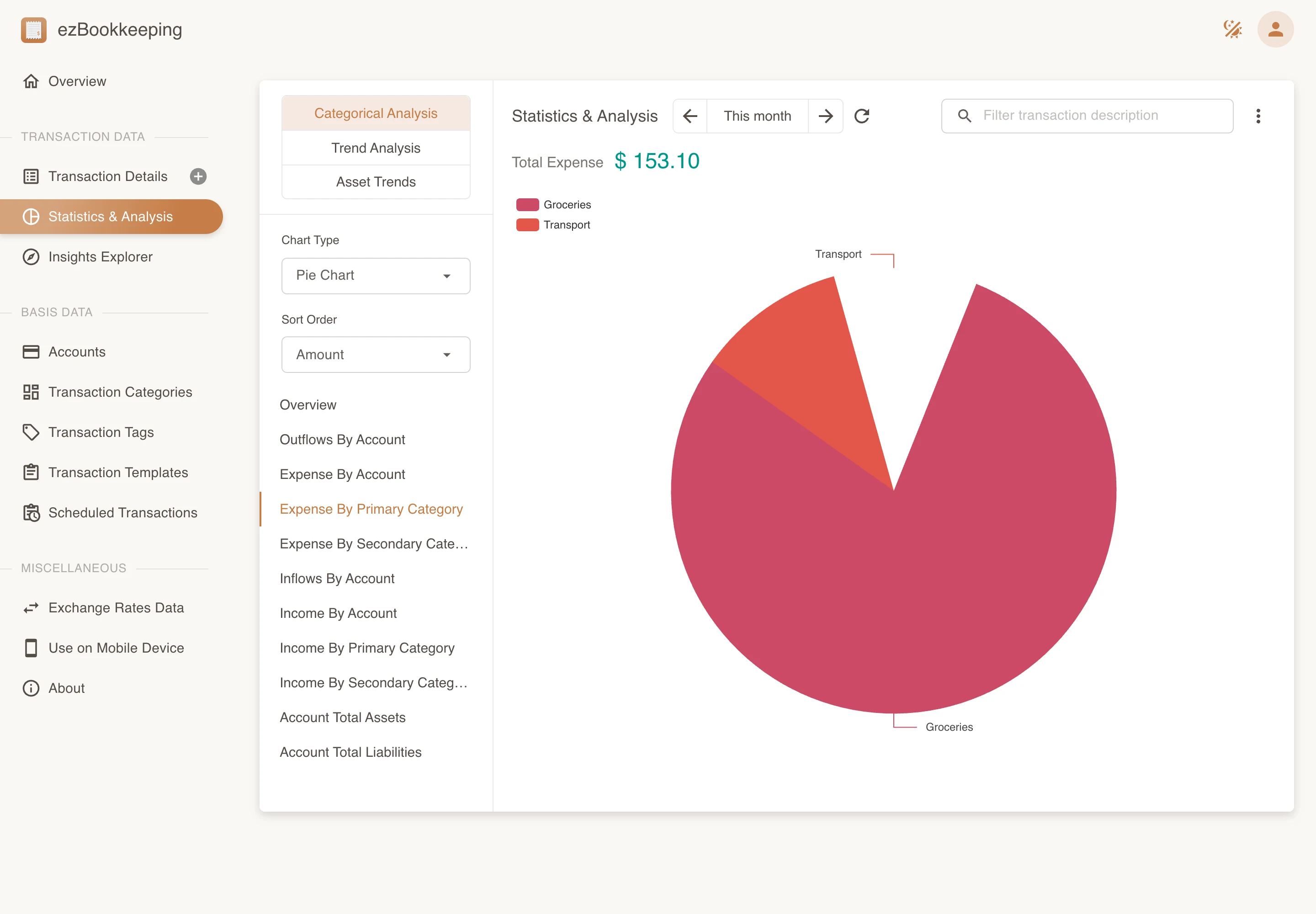 Understand spending with monthly trends and category charts.