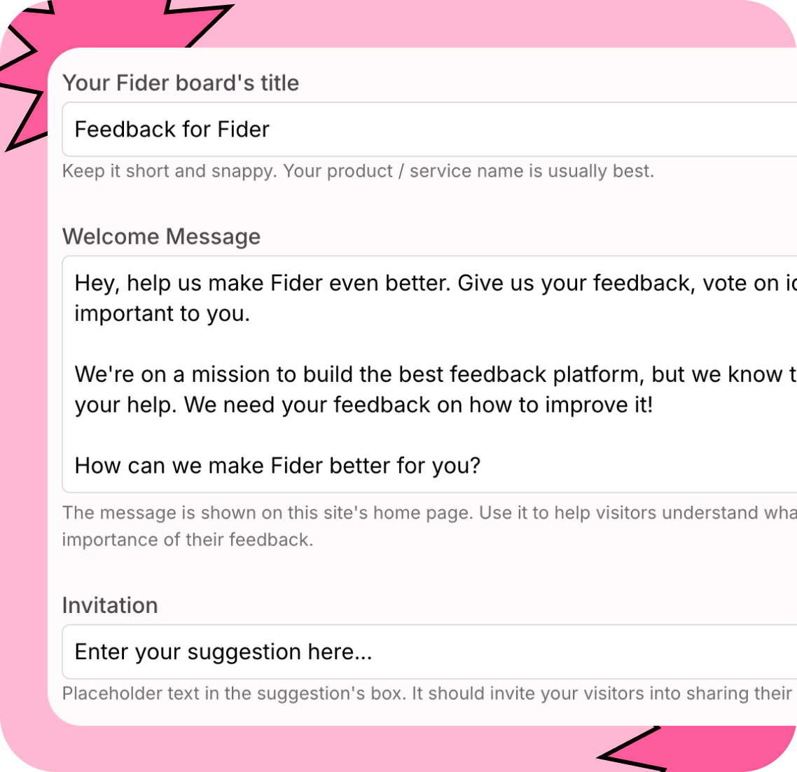 Admin settings to brand your board with a custom title, welcome message, and suggestion prompt