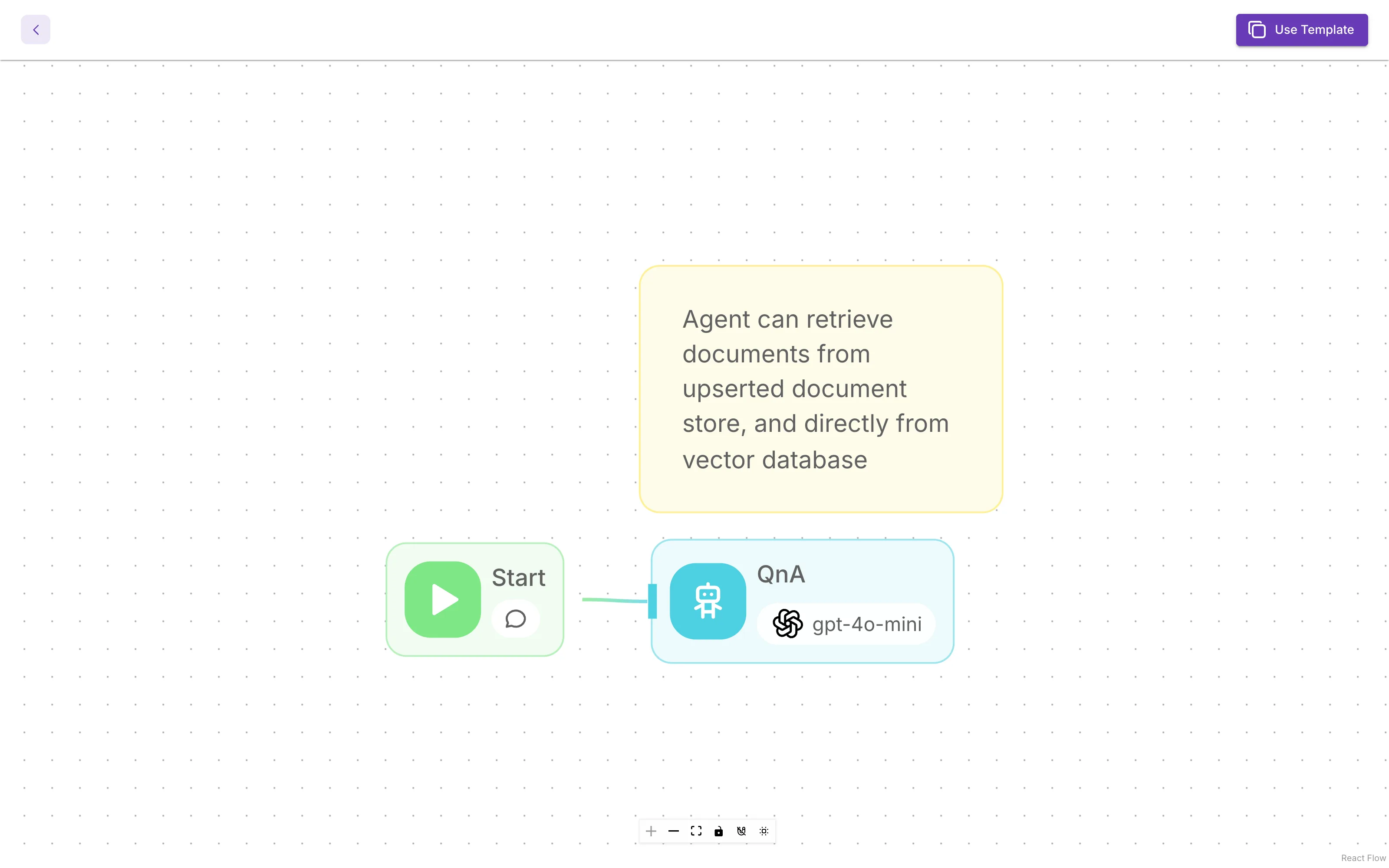 Build agent flows visually by wiring nodes on the canvas