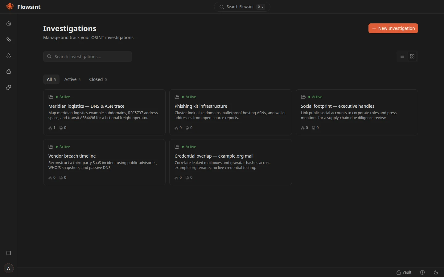 Investigations list with saved OSINT workspaces