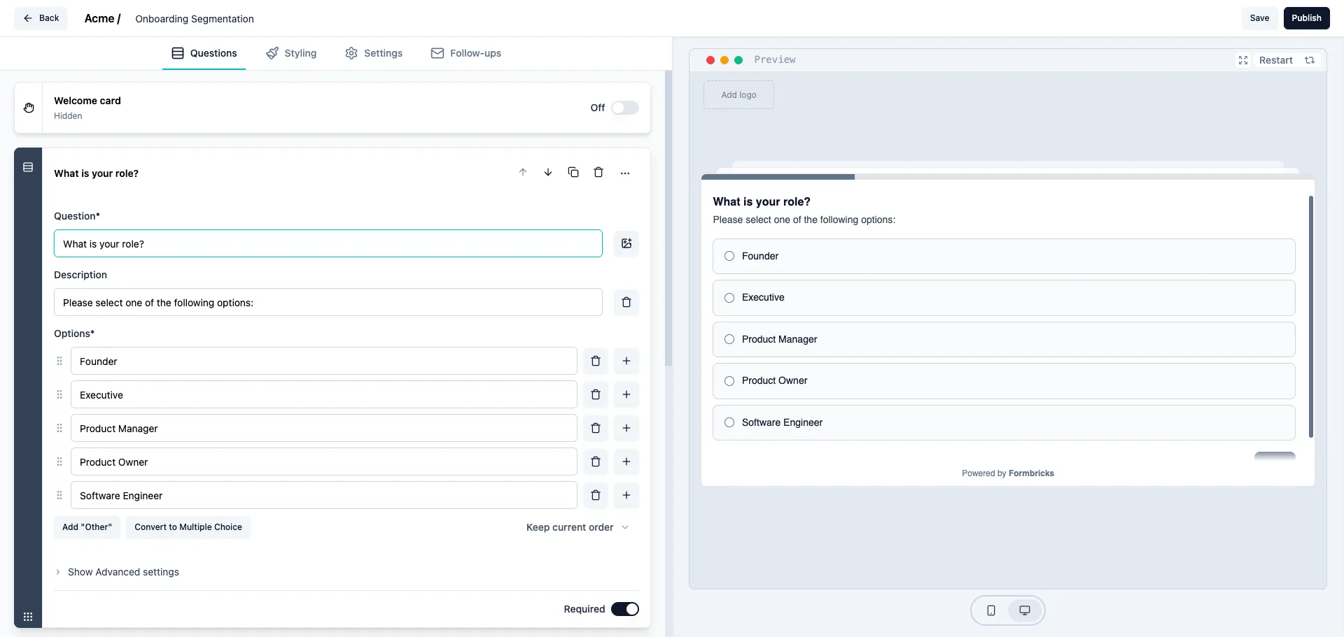 Survey editor with question types, logic, and a live preview