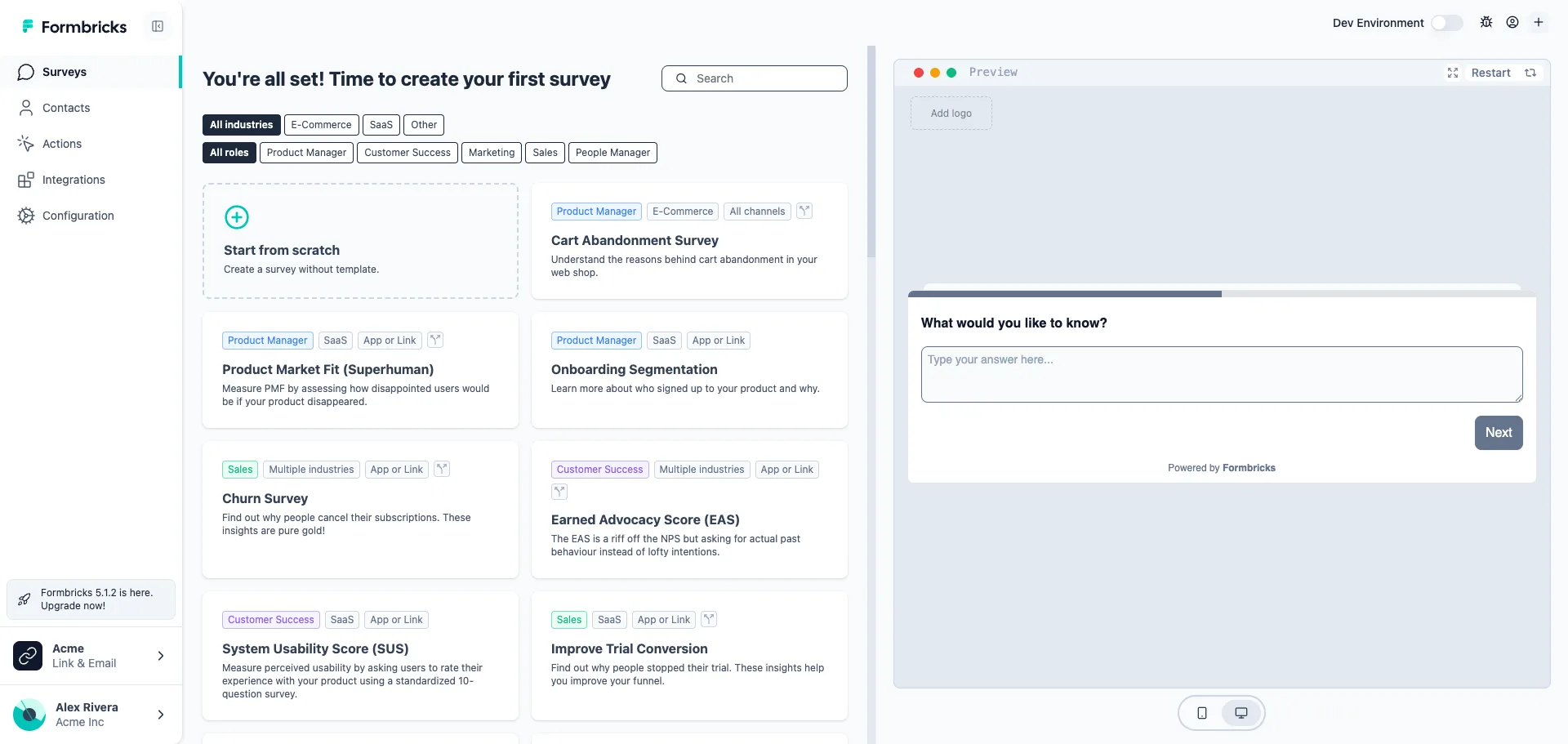 Template library for link, email, and in-app surveys
