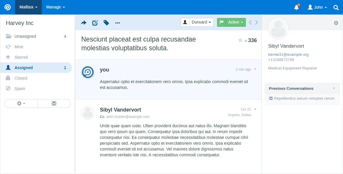 A single conversation thread with the reply editor and customer sidebar