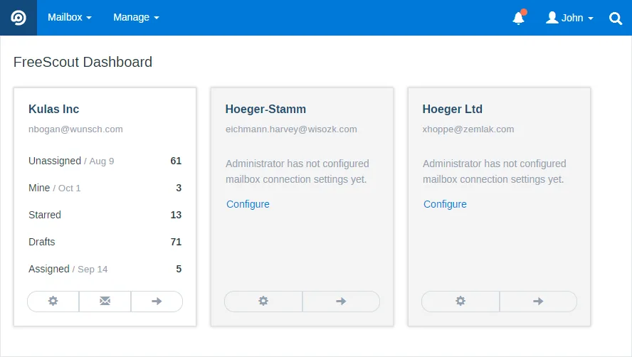 Mailbox dashboard with unassigned, mine and open ticket counts