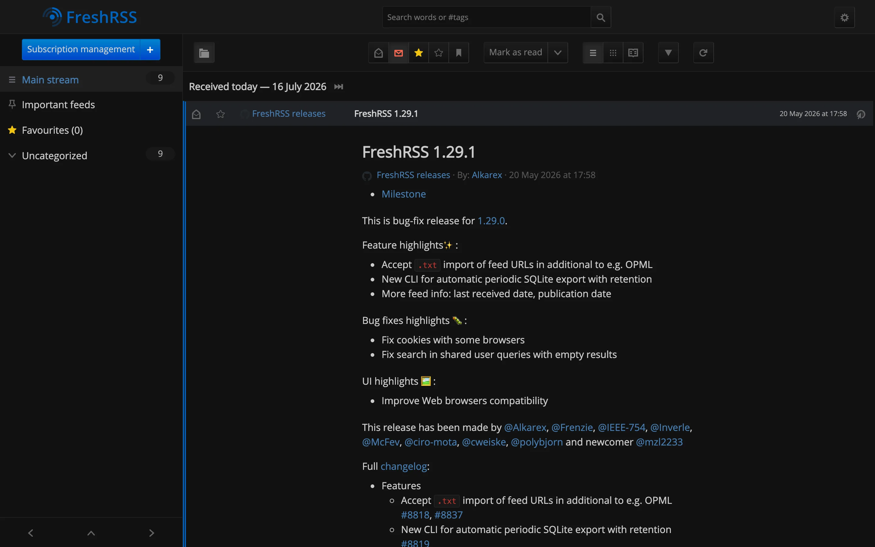 Reading an article in the stream, with the feed list alongside