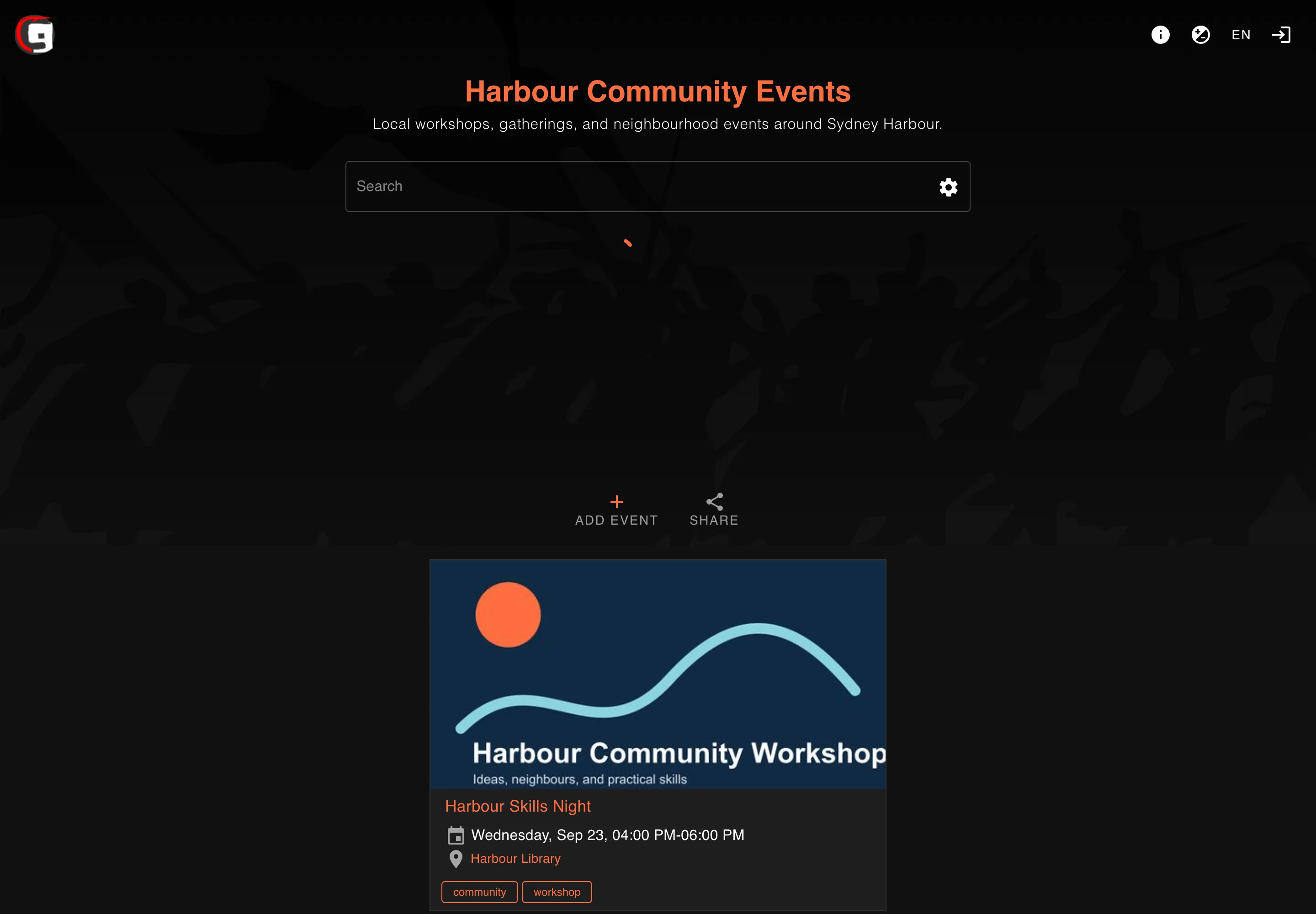 Browse a community agenda with event artwork, venue, time, and tags.
